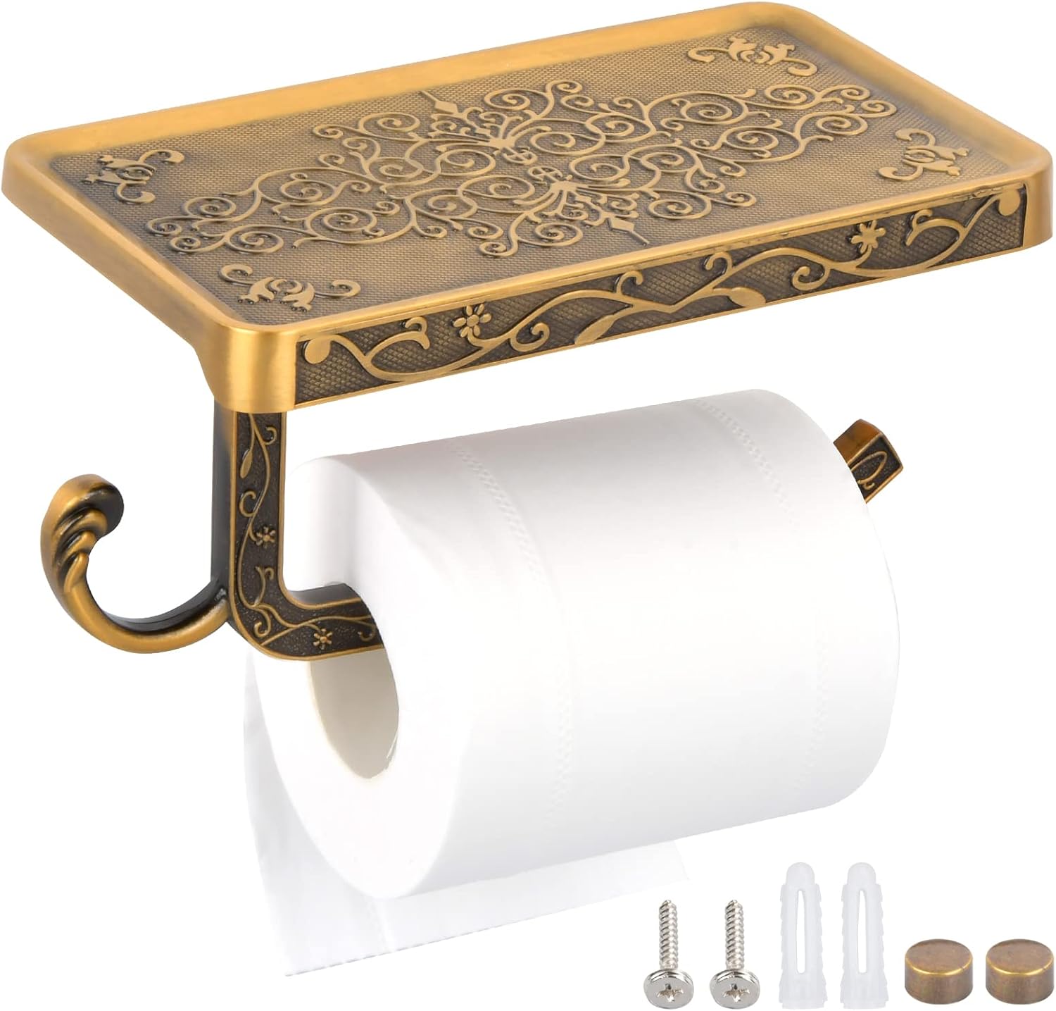 Uchwyt ścienny na papier toaletowy z półką i uchwytem na rolkę w kolorze retro vintage gold z aluminium