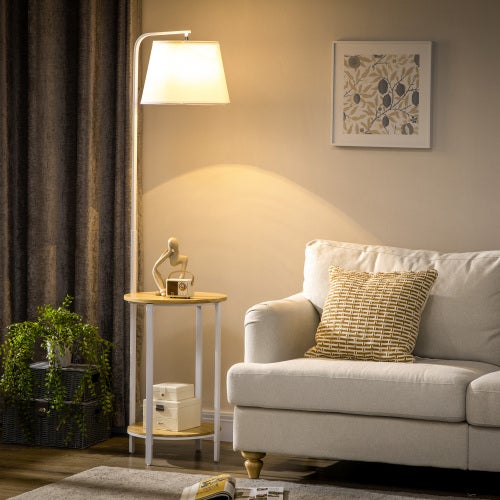 Lampa podłogowa biała z 2 półkami, solidna metalowa konstrukcja i lniany klosz, oświetlenie do czytania 162cm 40W do salonu i sypialni