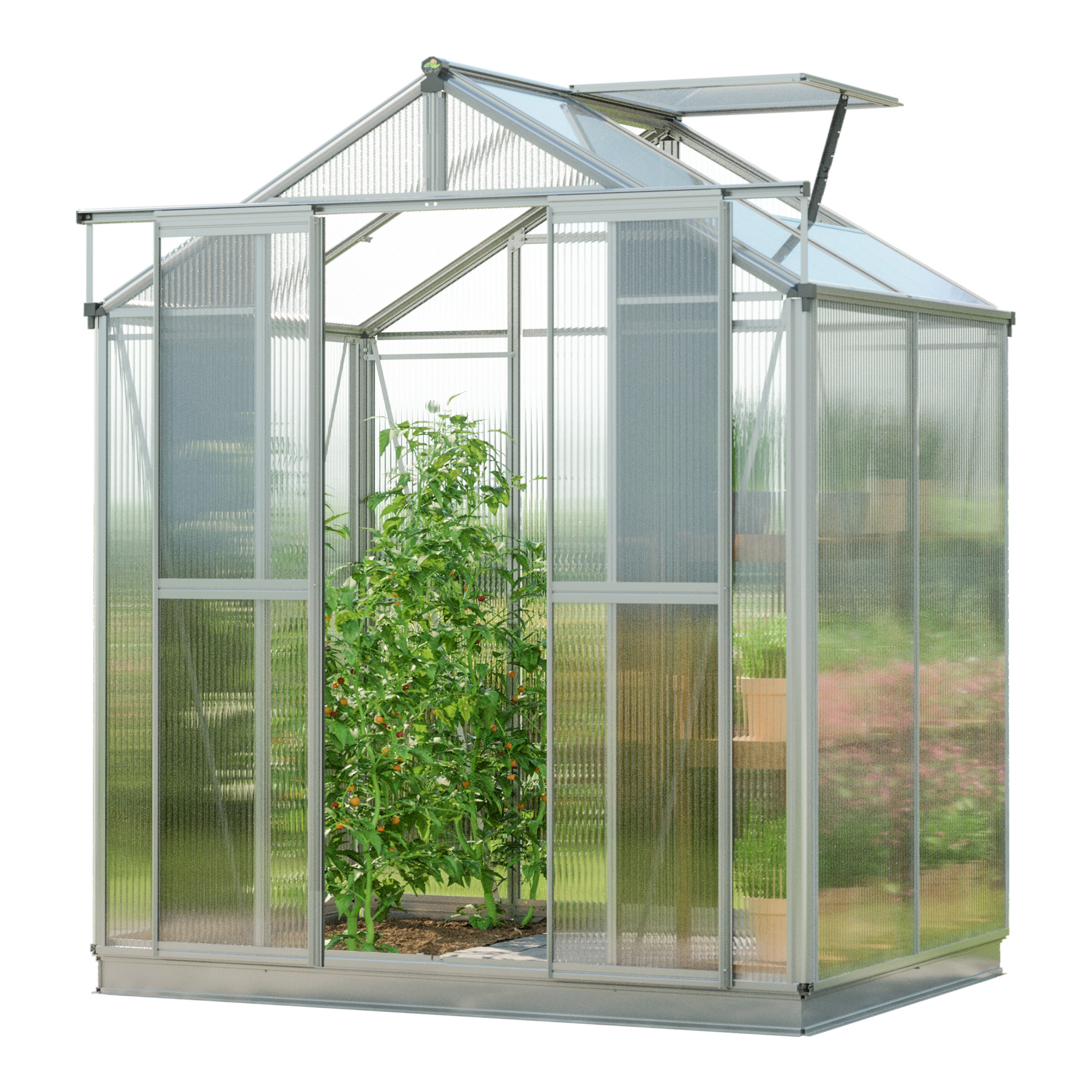 GFP Szklarnia Picco 2 – rama aluminiowa – 179 x 133 cm – poliwęglan 6 mm - z ramą fundamentową i 1 automatycznym otwieraczem okien