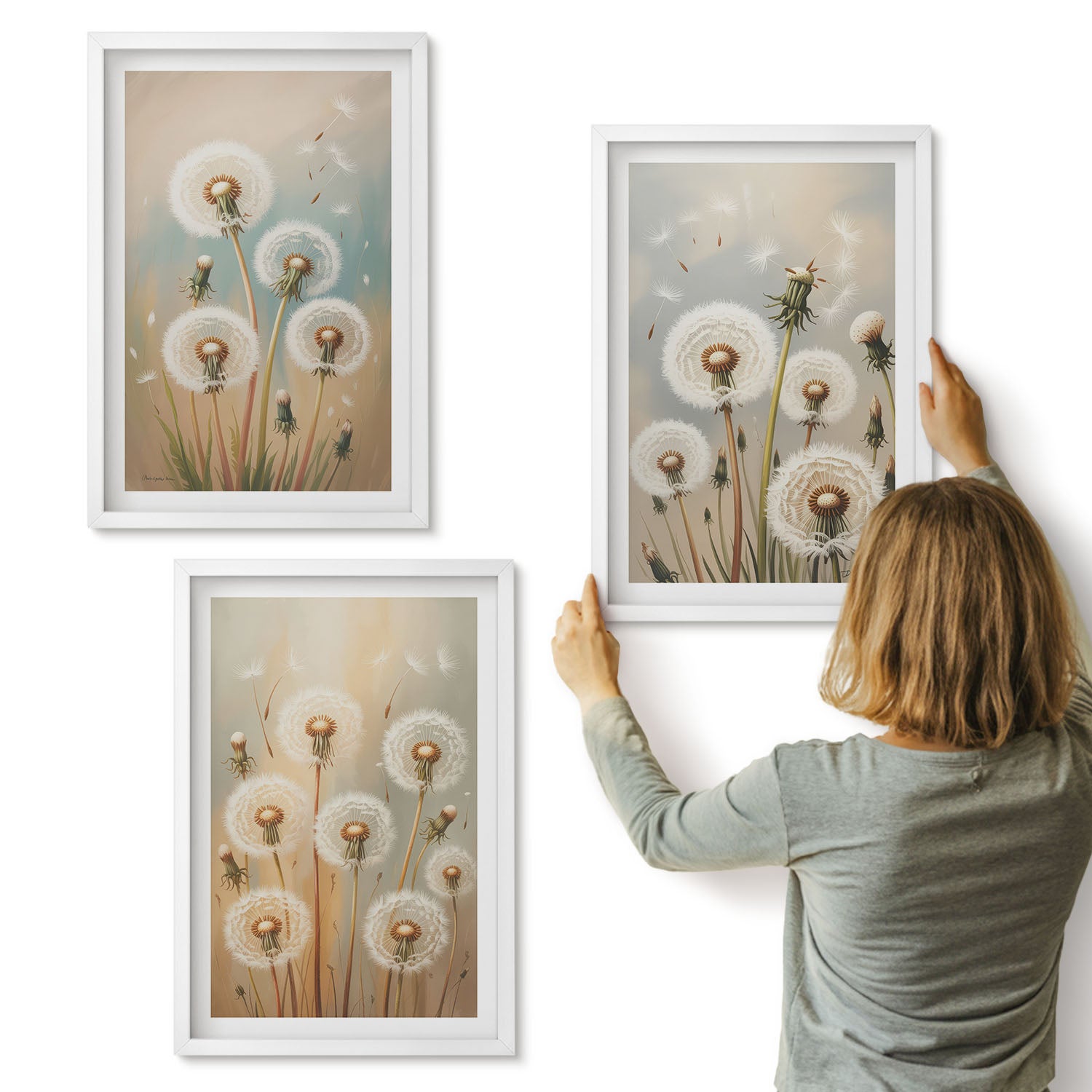 Galeria ścienna 3-częściowy komplet obrazów w białych ramach - Kwiaty dmuchawców na tle pastelowych kolorów - ArtPrintCave