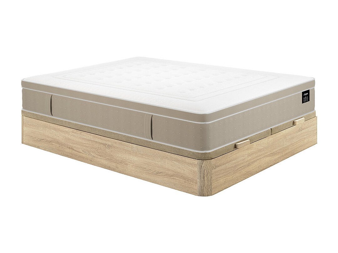 Zestaw 180 x 200 cm ze skrzynią na pościel jasny naturalny + materac hybrydowy z 7 strefami kieszeniowymi i żelem termoelastycznym gr.28cm - CIREVA