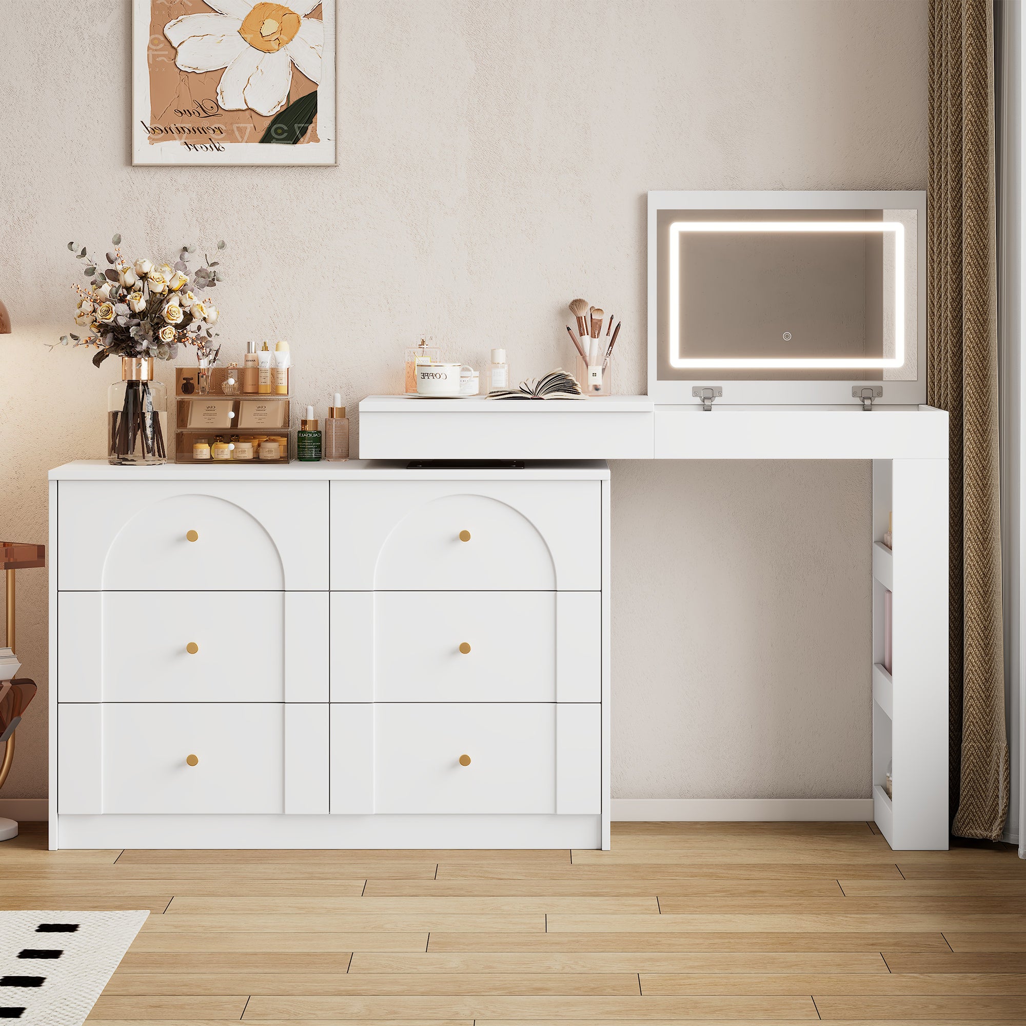 Toaletka obrotowa z 7 szufladami i składanym lustrem LED - 105 x 40 x 80 cm - Płyta wiórowa - Biały