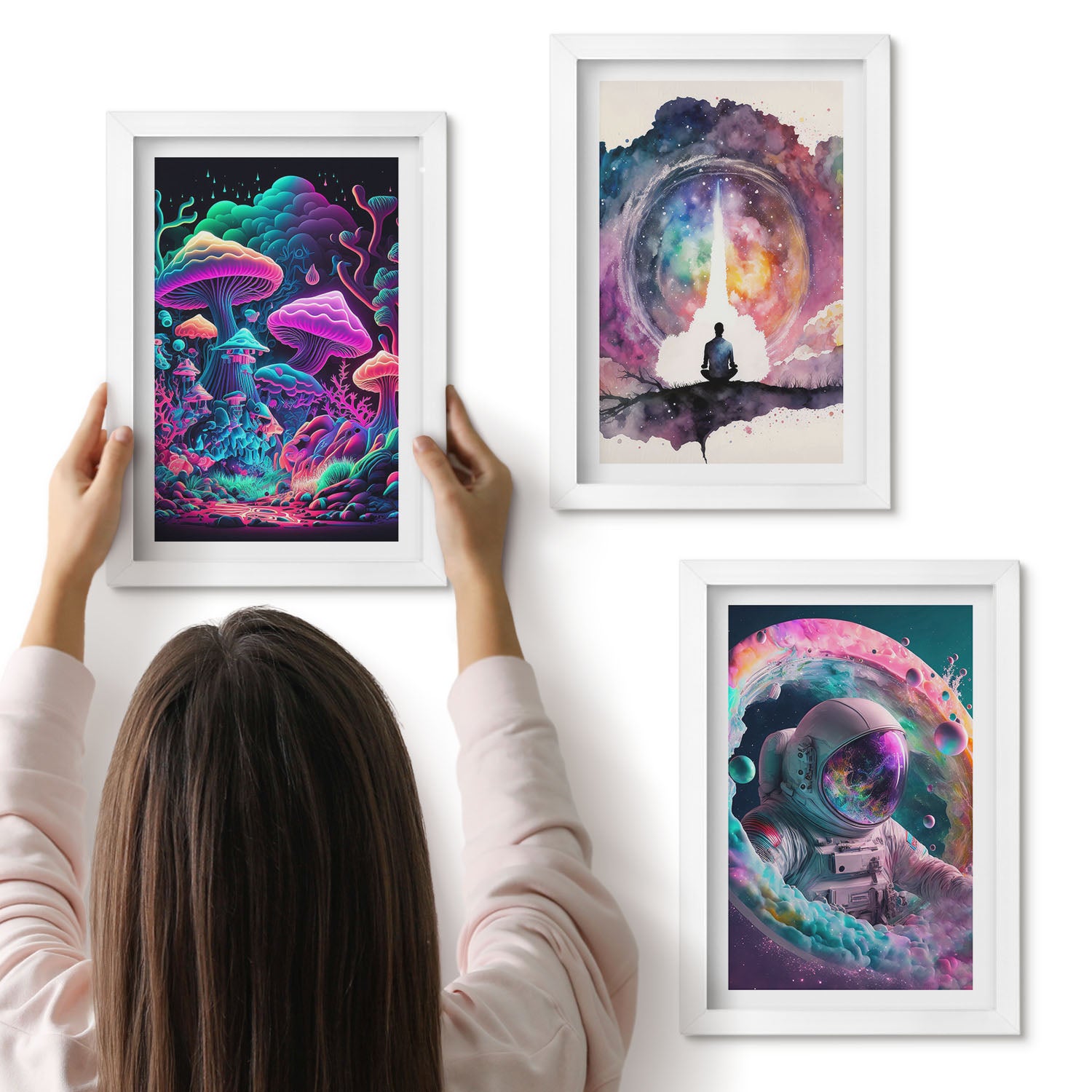 Galeria ścienna 3-częściowy komplet obrazów w białych ramach - Kolorowe ilustracje w stylu fantasy sztuka - ArtPrintCave