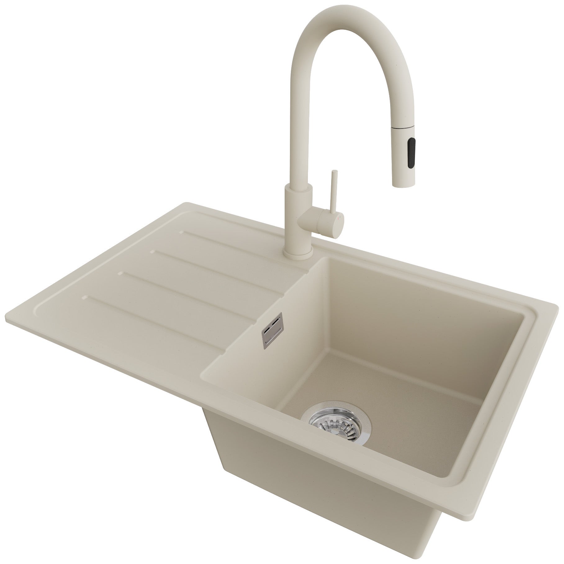 Zlewozmywak Granitowy Beżowy 70x44cm, Zlew Kuchenny 1 Komorowy + Bateria 40x20cm + Syfon, Nablatowy do szafki od 45cm - Kopenhaga Easy PRIMAGRAN