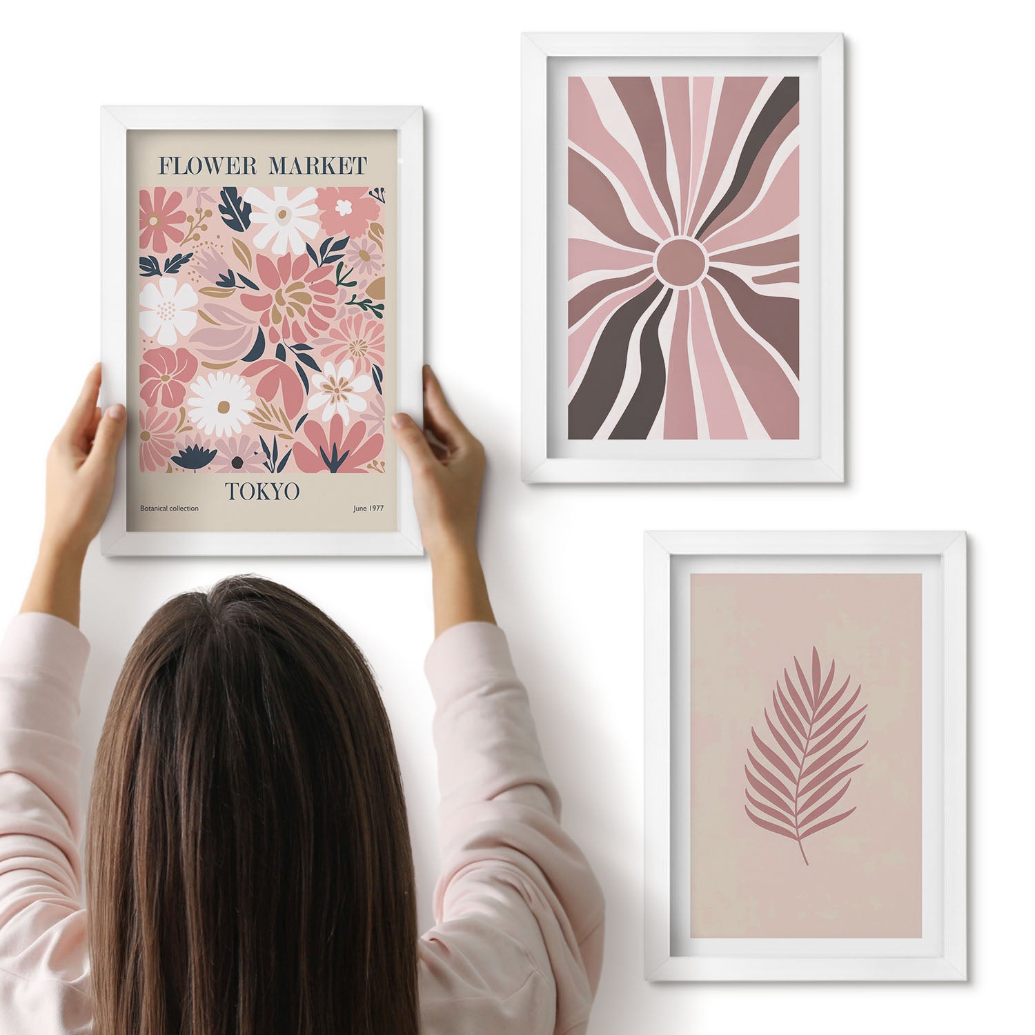 Galeria ścienna 3-częściowy komplet obrazów w białych ramach - Kwiatowe wzory z liściem i geometrycznymi kształtami - ArtPrintCave