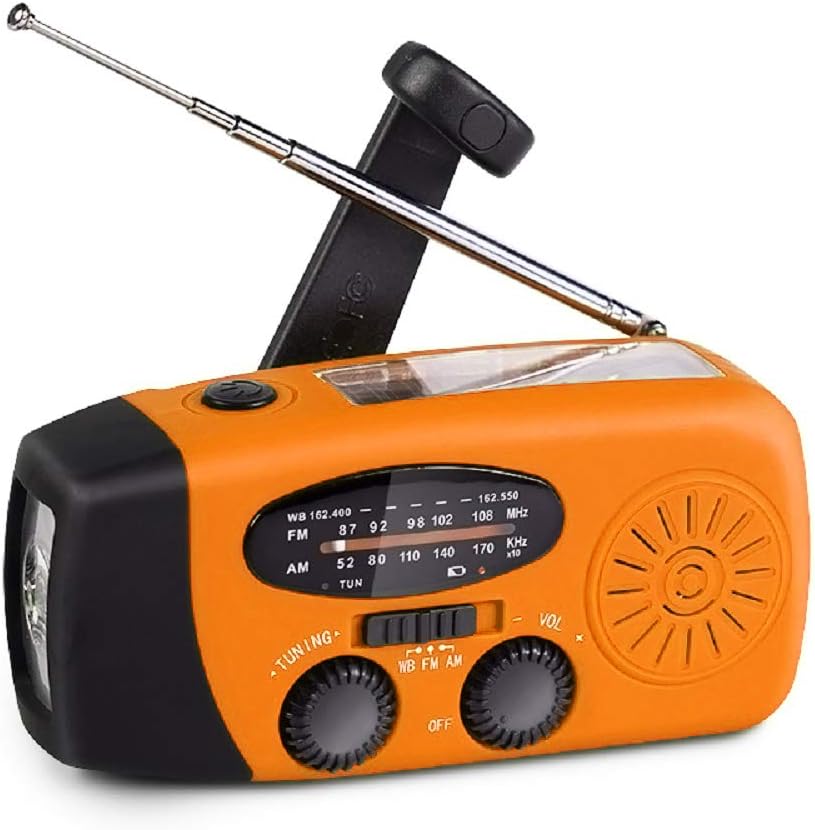 Przenośne awaryjne radio pogodowe zasilane energią słoneczną, ręczne radio survivalowe AM/FM z latarką LED, powerbank 2000 mAh, kolor pomarańczowy