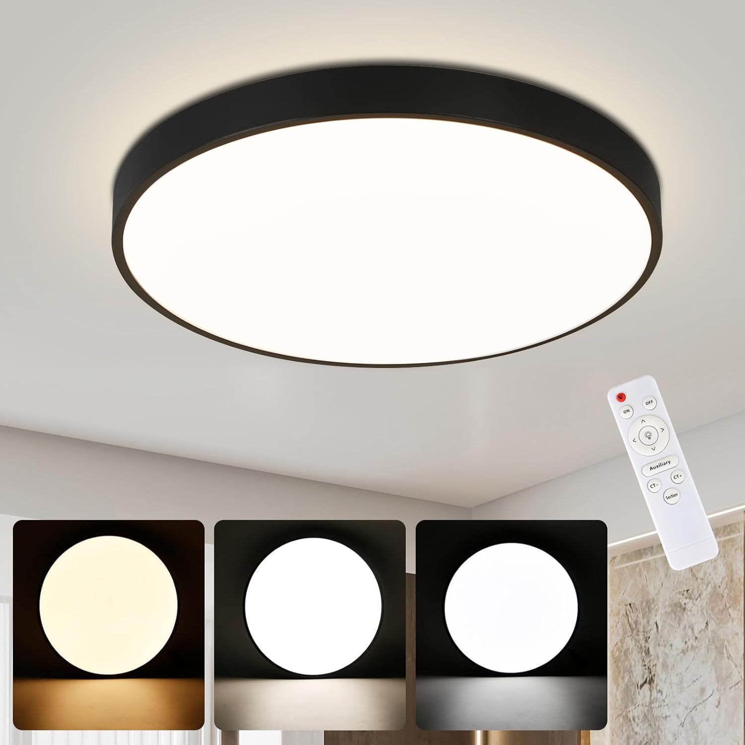 NETTLIFE Lampa sufitowa LED 36W ściemnialna z pilotem łazienkowa czarna IP44 37CM okrągła