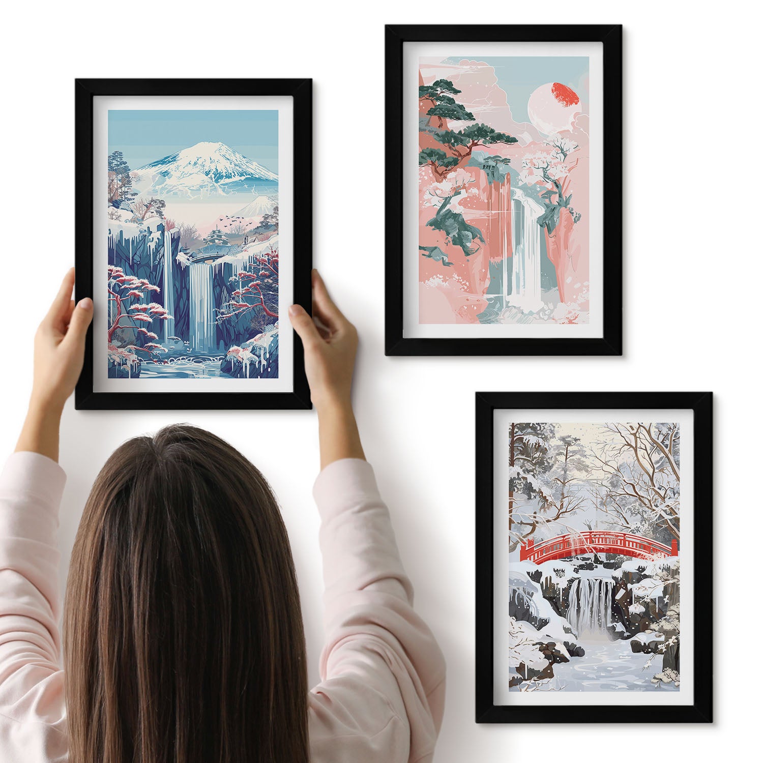 Galeria ścienna 3-częściowy komplet obrazów w czarnych ramach - Krajobrazy górskie i wodospady w różnych porach roku - ArtPrintCave
