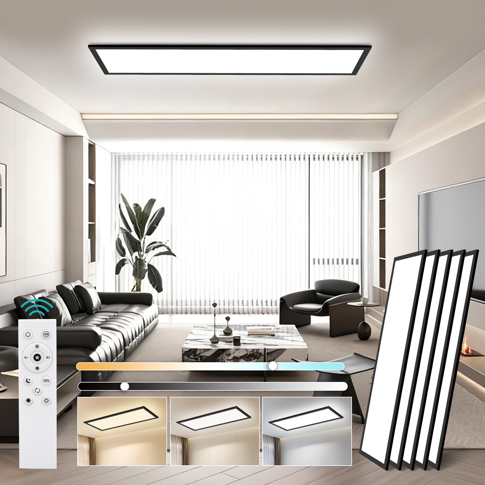 LOVHAUS 5PCS Lampa Sufitowa LED 30W Czarna 100x25 cm, Panel LED Sufitowy Prostokątny Nowoczesny Ściemniający do Salonu, Biura, Kuchni z Pilotem