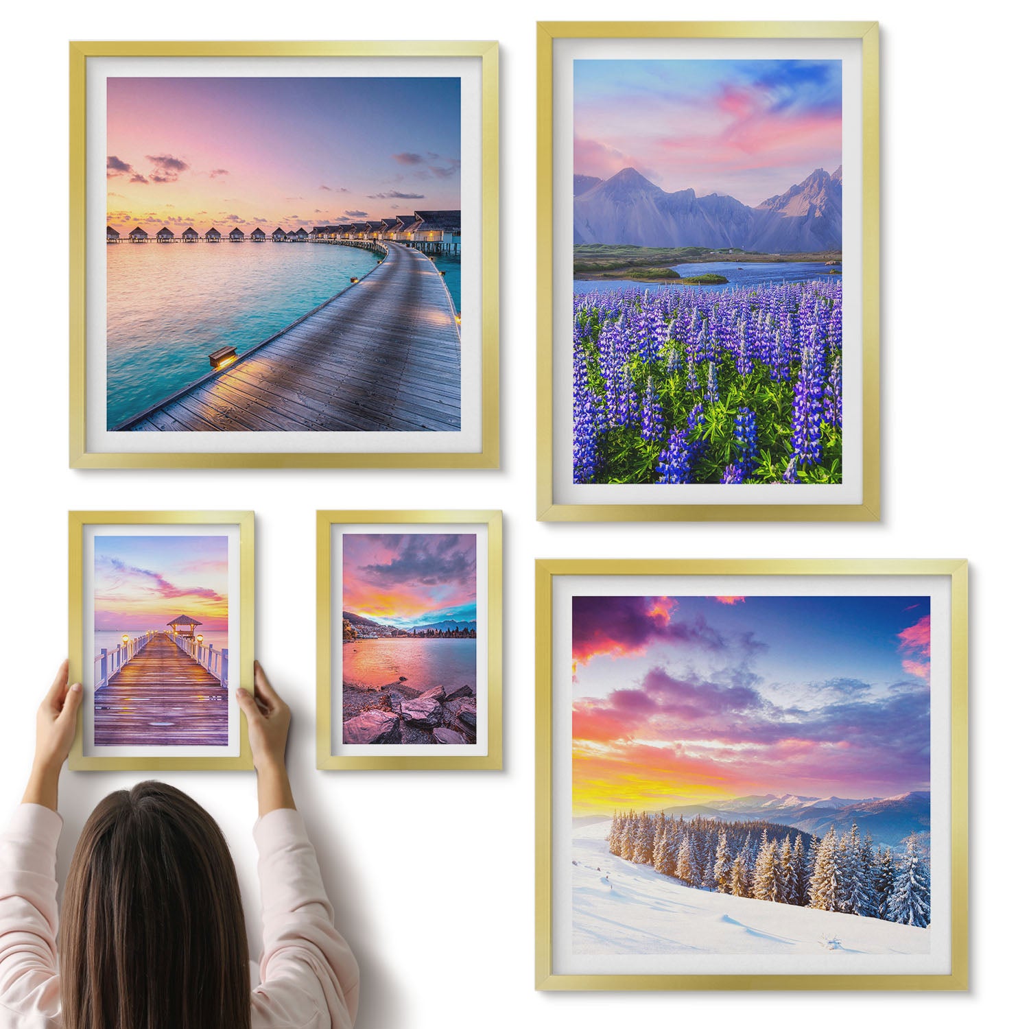 Galeria ścienna 5-częściowy komplet obrazów w złotych ramach - Krajobrazy natury z malowniczymi widokami górskimi - ArtPrintCave