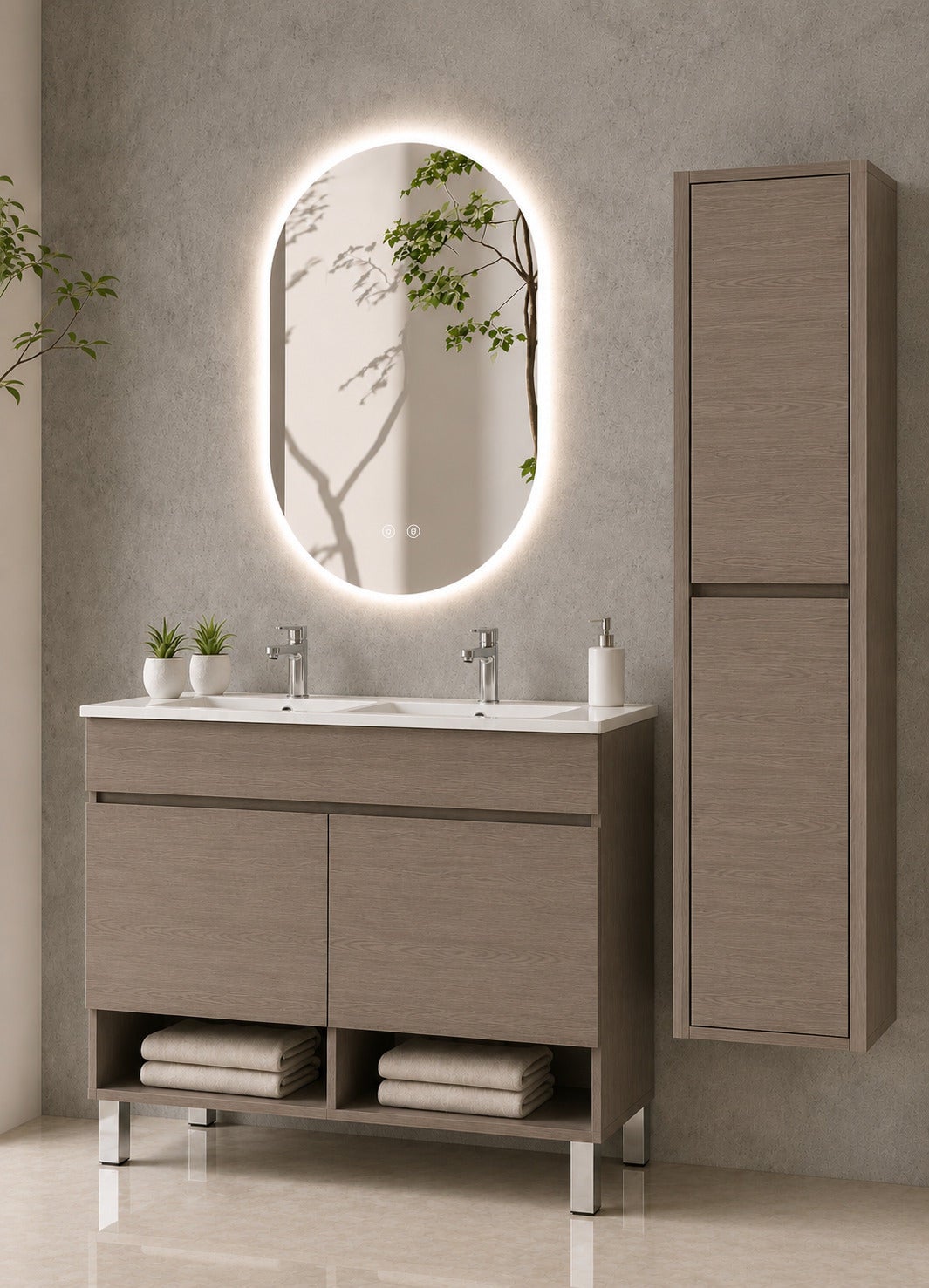 Szafka łazienkowa na nóżkach z umywalką ORIGENBATH NEBARI na nóżkach z drzwiami z kolumną 120x45 cm podwójna umywalka dąb smoky z kolumną