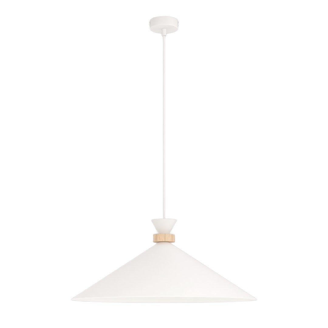 Lampa wisząca japandi biała stożkowy klosz fi50cm z drewnianym detalem 1xE14 10W OLIVO Emibig