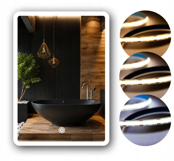 Lustro LED 60x80 cm zaokrąglone rogi | COB 608 diod/m | 3 barwy + WŁĄCZNIK