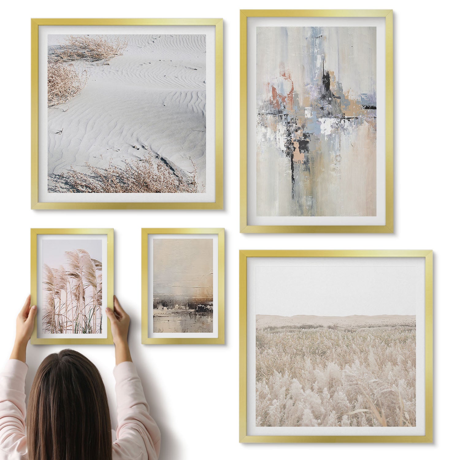 Galeria ścienna 5-częściowy komplet obrazów w złotych ramach - Stylowe dekoracje w odcieniach natury i minimalizmu - ArtPrintCave