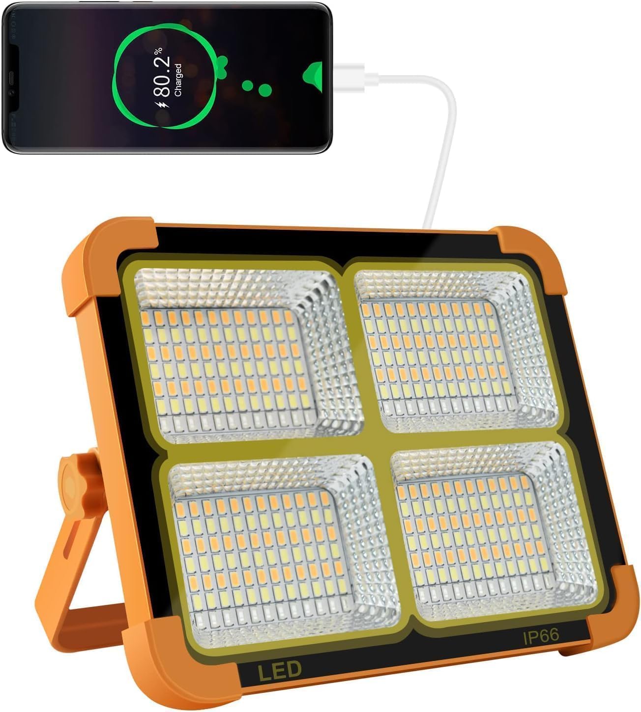 Akumulatorowy, przenośny reflektor LED – 448 diod LED, zasilany energią słoneczną i przez USB, IP66, 10 000 mAh, nadaje się do użytku na zewnątrz