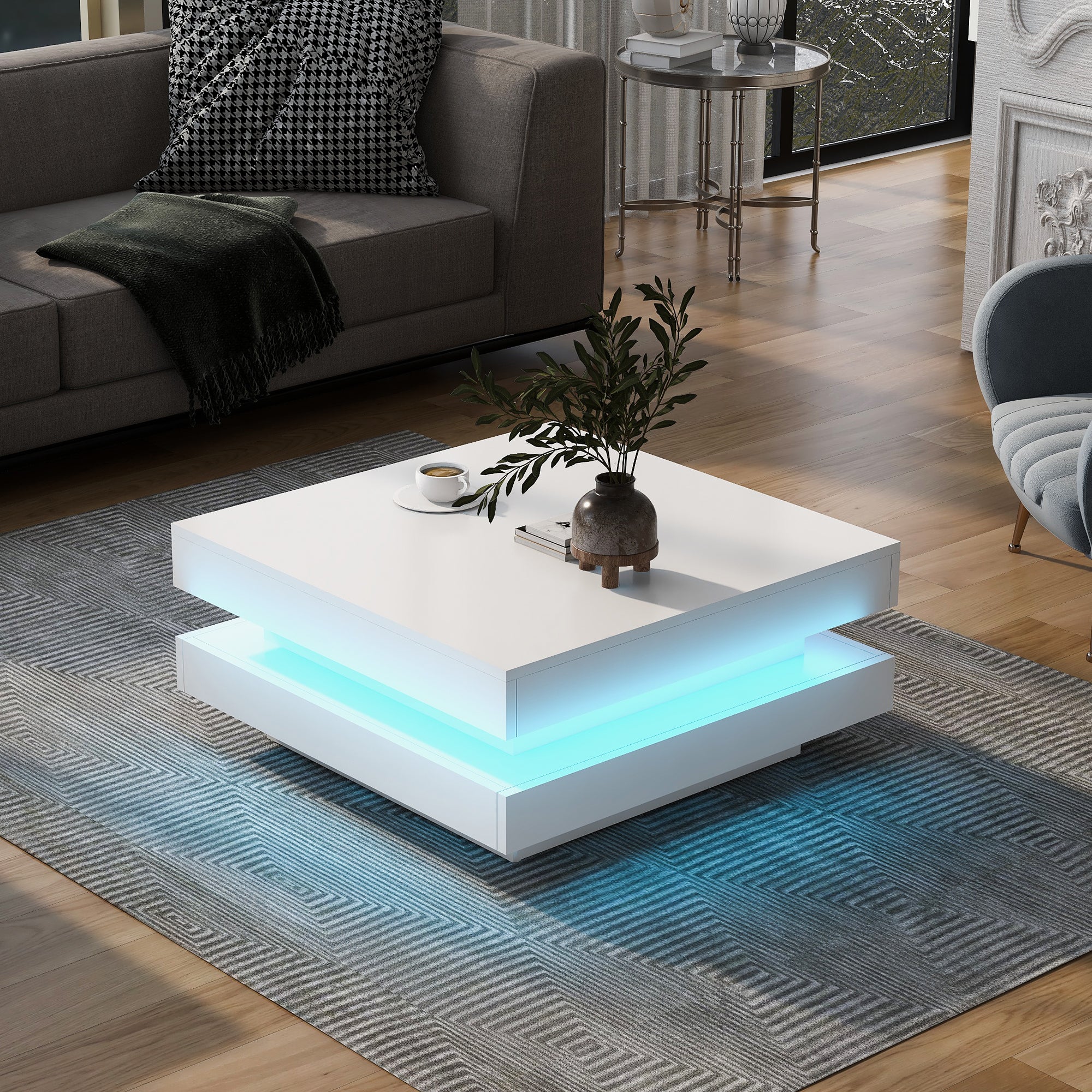 Stolik kawowy kwadratowy 70 x 70 x 36 cm z diodami LED - Płyta wiórowa - Nowoczesny i technologiczny styl - Biały