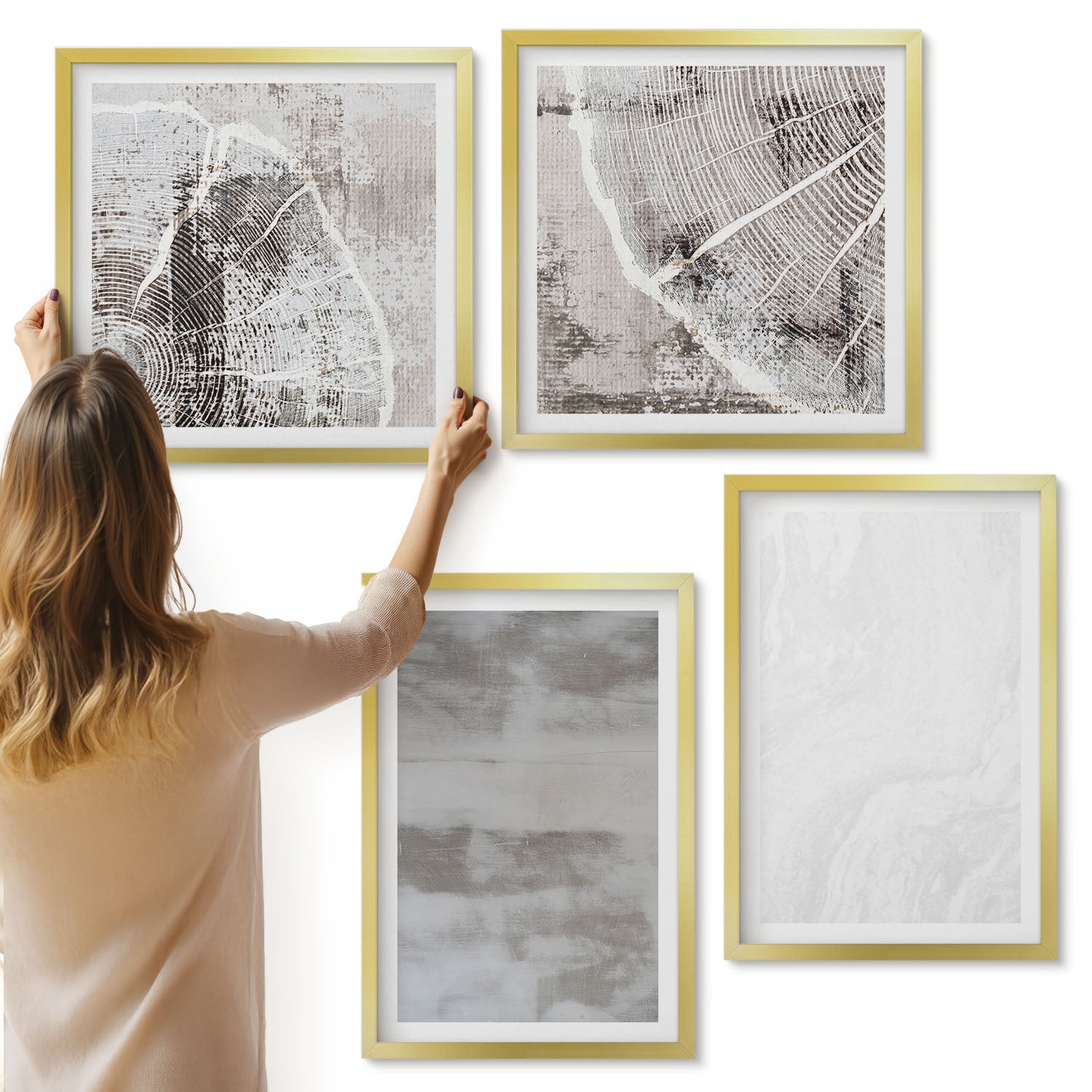 Galeria ścienna 4-częściowy komplet obrazów w złotych ramach - Abstrakcyjne kształty i struktury styl nowoczesny - ArtPrintCave