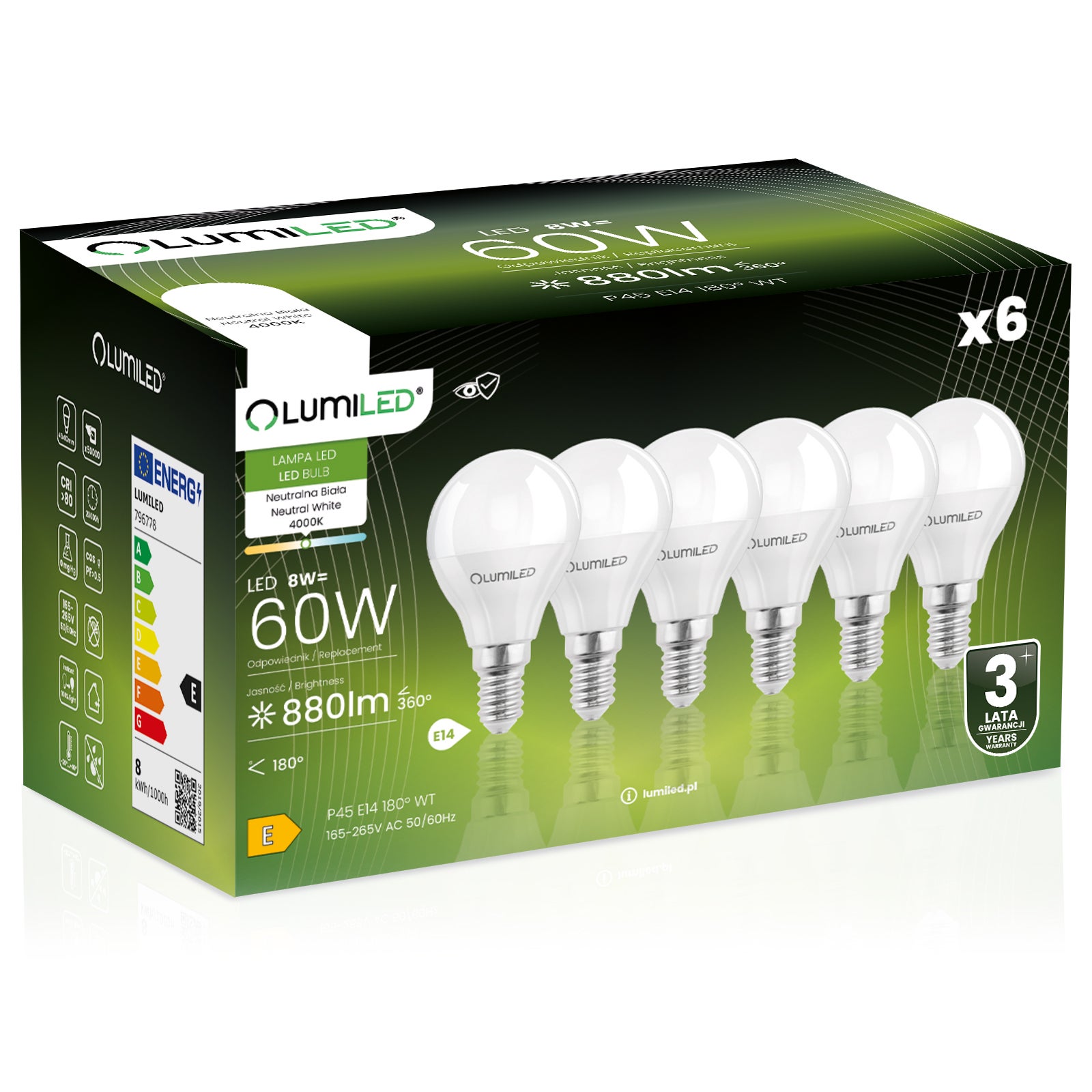 Żarówka LED Lumiled E14 Kulka P45 8W 880lm 4000K Neutralna biel 180st 6 szt.