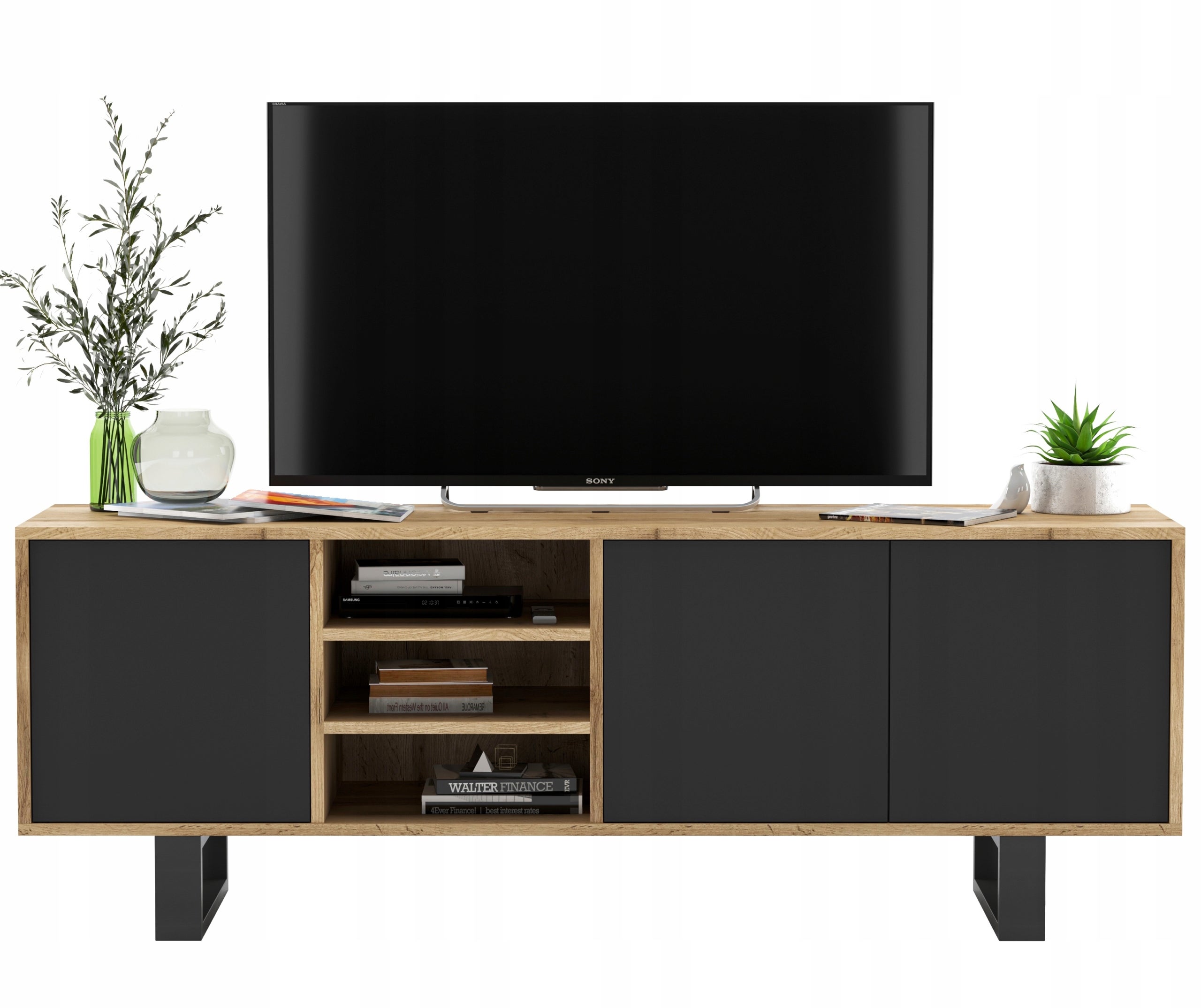 Szafka RTV Loft industrialna 150 cm czarny mat, nowoczesna komoda RTV do salonu