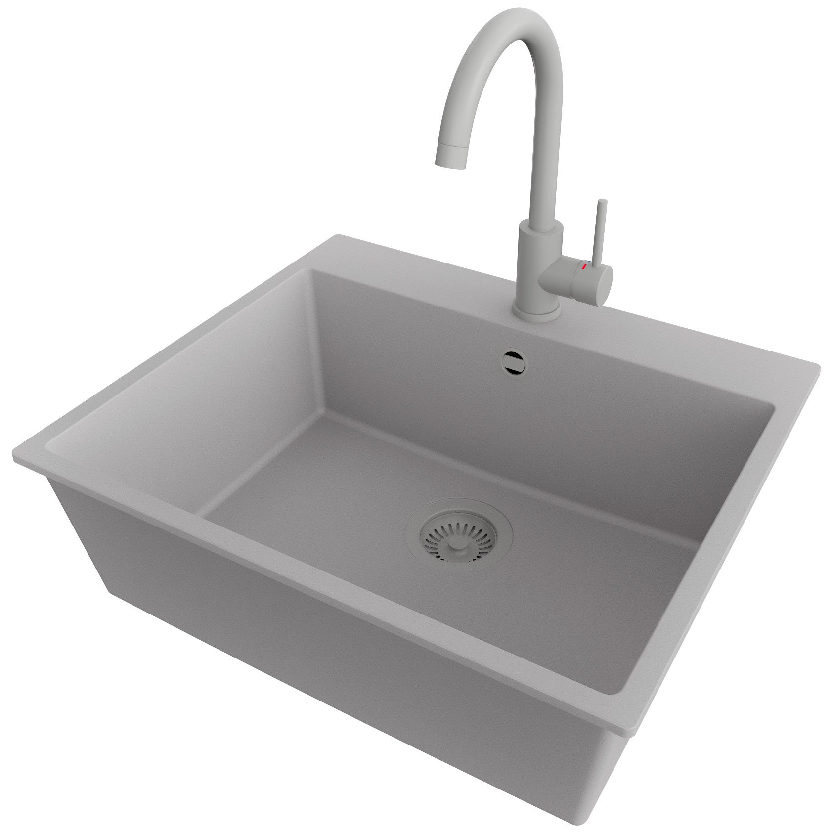 Zlewozmywak Granitowy Szary 58x50cm, Zlew Kuchenny 1 Komorowy + Bateria 32x20cm + Syfon, Nablatowy do szafki od 60cm - Ryga PRIMAGRAN