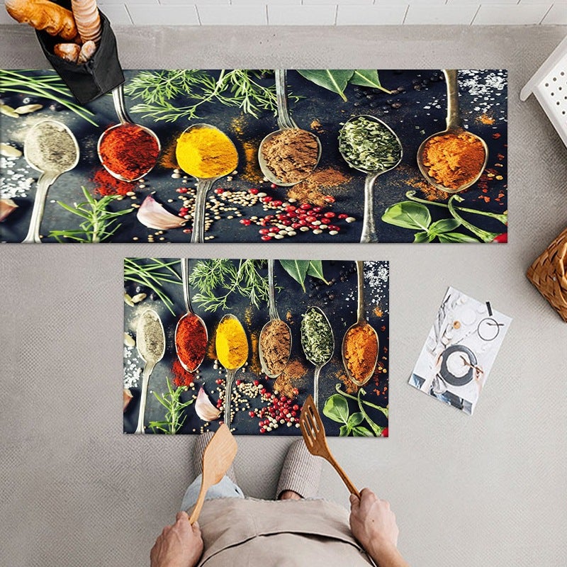 Dywanik kuchenny (wzór ze sztućcami i przyprawami),antypoślizgowy,przystosowany do prania w pralce; zestaw zawiera maty o wymiarach 40x60 cm 40x120 cm