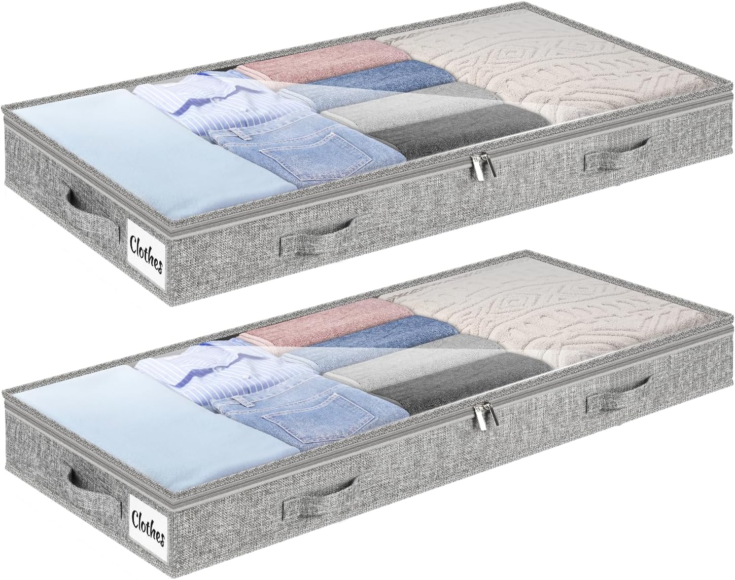 Zestaw 2 dużych toreb do przechowywania pod łóżkiem, wys. 10 cm, z zamkiem błyskawicznym, składanych, płytkich, z przezroczystym okienkiem.