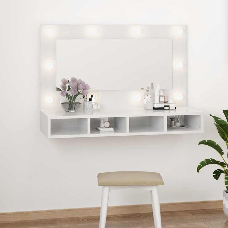 vidaXL Szafka z lustrem i LED, biała z połyskiem, 90x31,5x62 cm