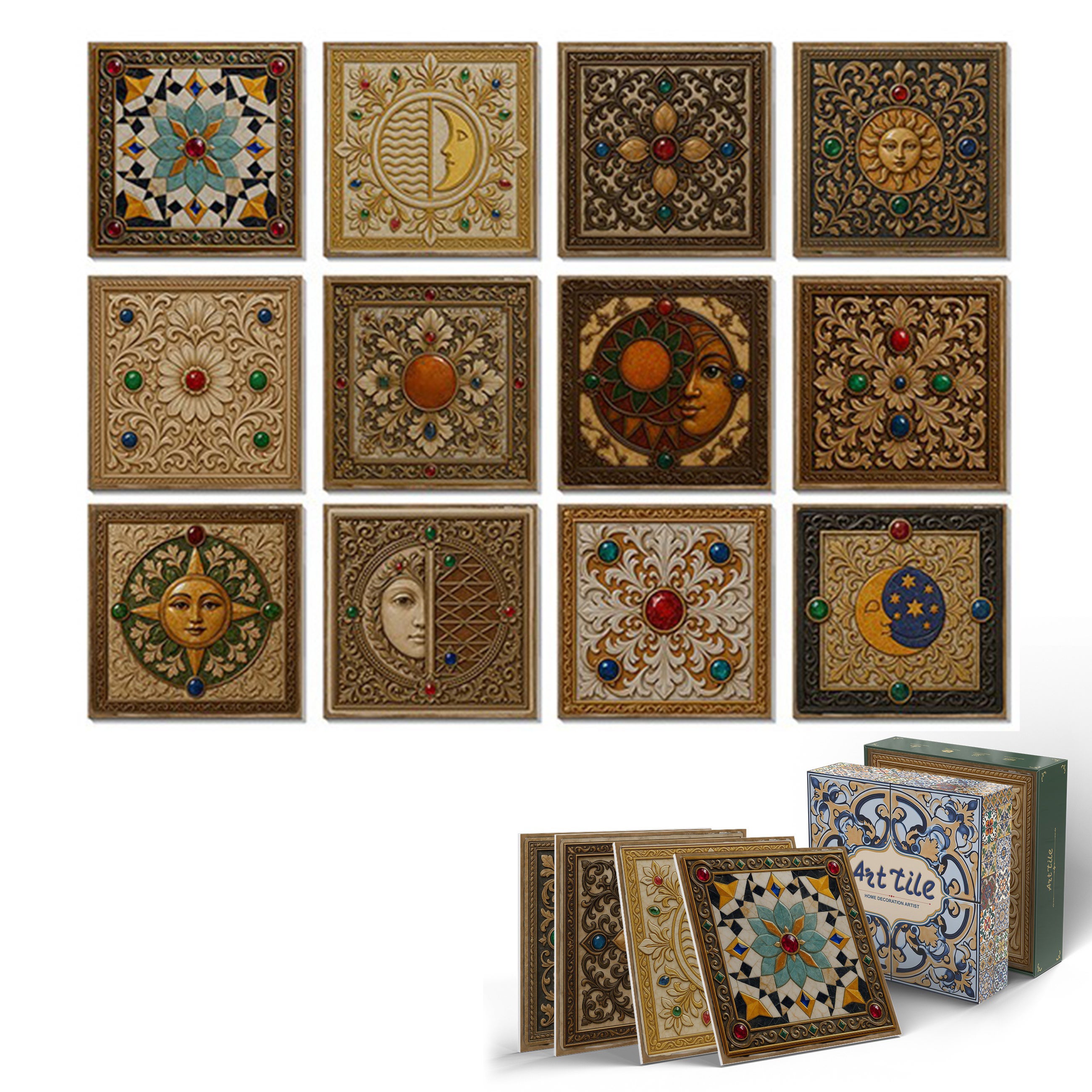 12 sztuk naklejek na płytki ceramiczne na ścianę 15×15cm – Styl retro, medytacja i barok, wodoodporne naklejki z słońcem i księżycem(B)