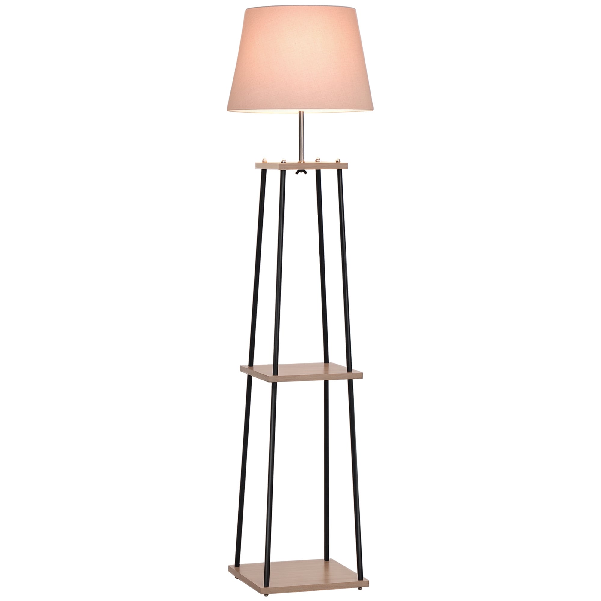 Nowoczesna lampa podłogowa, wymiary 40 dł. x 40 szer. x 160 wys. cm, maks. 40 W, 3 wbudowane półki, lite drewno sosnowe, czarny metal, beżowy len