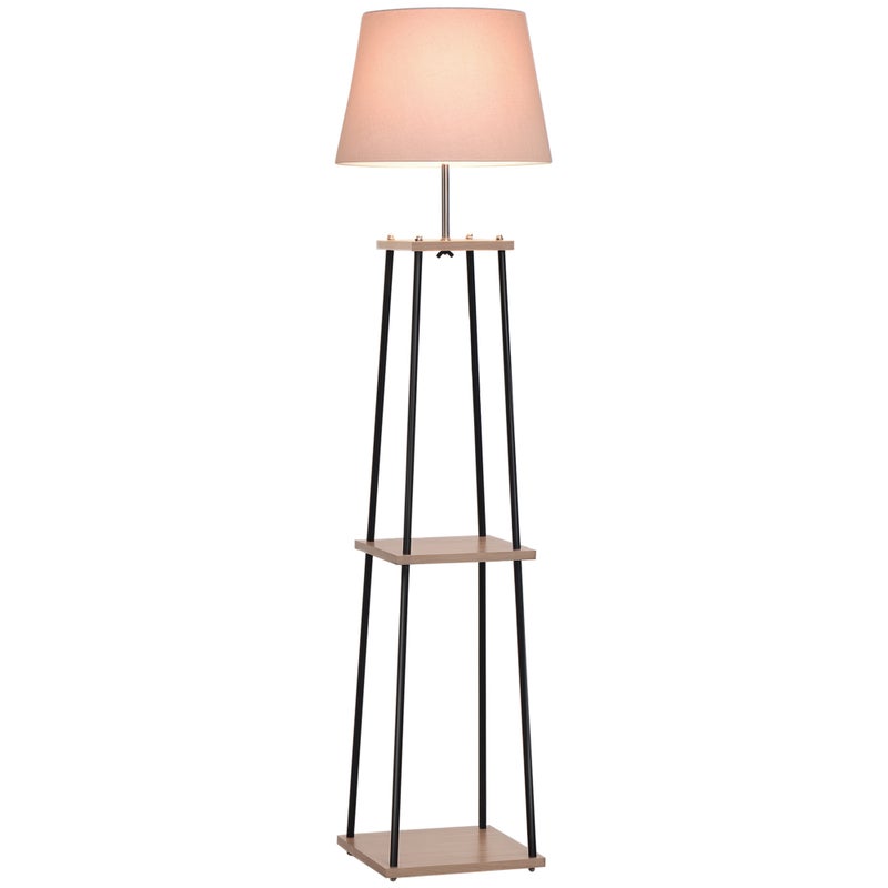 Nowoczesna lampa podłogowa, wymiary 40 dł. x 40 szer. x 160 wys. cm, maks. 40 W, 3 wbudowane półki, lite drewno sosnowe, czarny metal, beżowy len