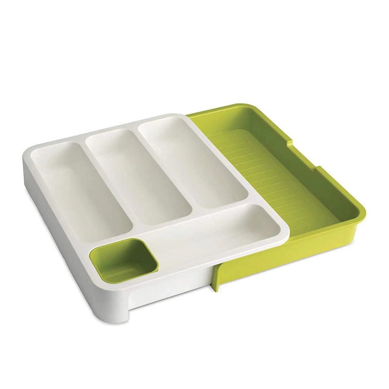 Pokryte przegródki, 7 schowków, rozkładany na sztućce i przybory kuchenne, plastik, 5,5 x 28 x 36 cm, biało-zielony