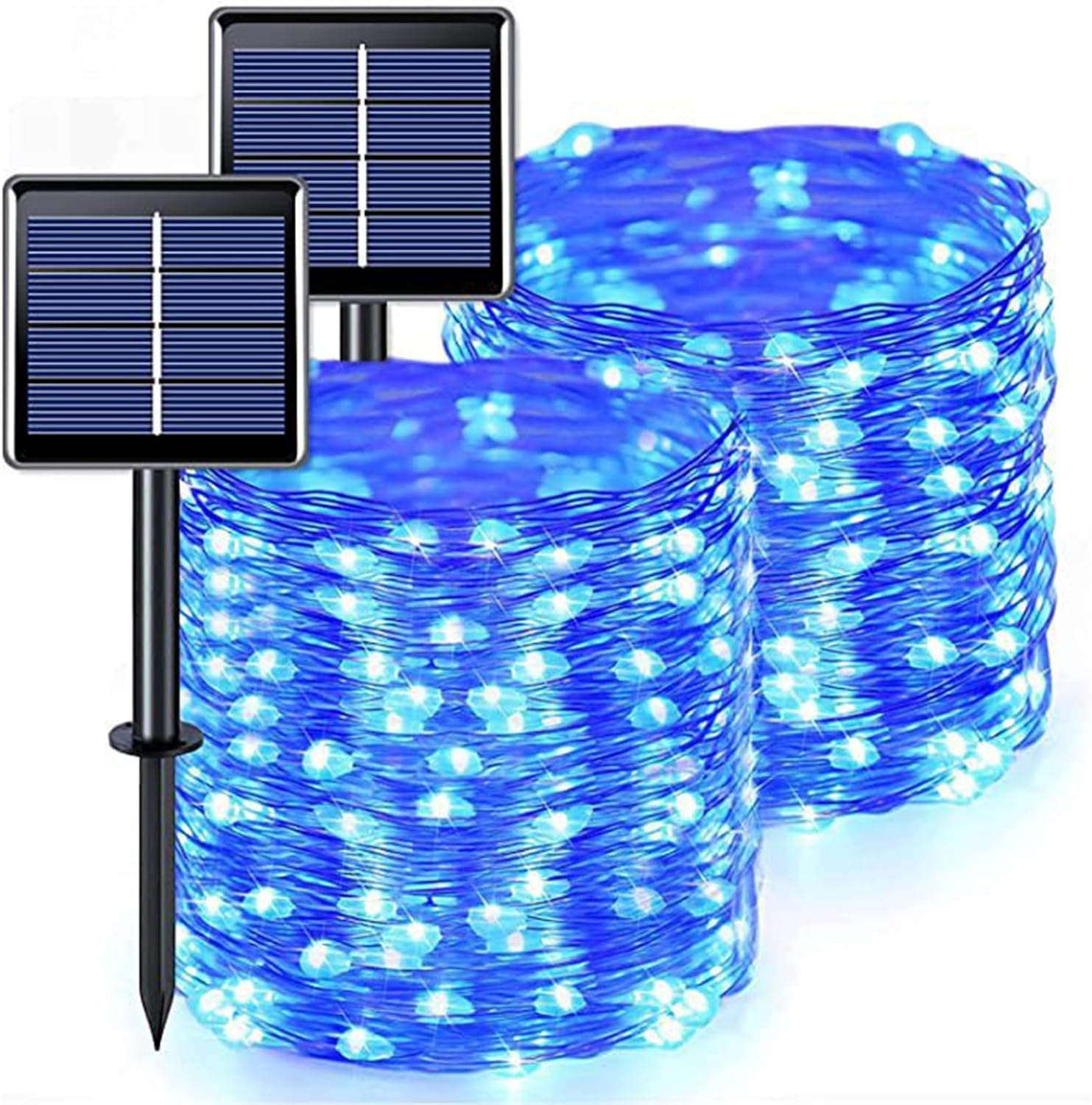 2x zewnętrzne lampki solarne 12+2 m – 100 niebieskich diod LED, IP65, 8 trybów do ogrodu, na Boże Narodzenie, na balkon
