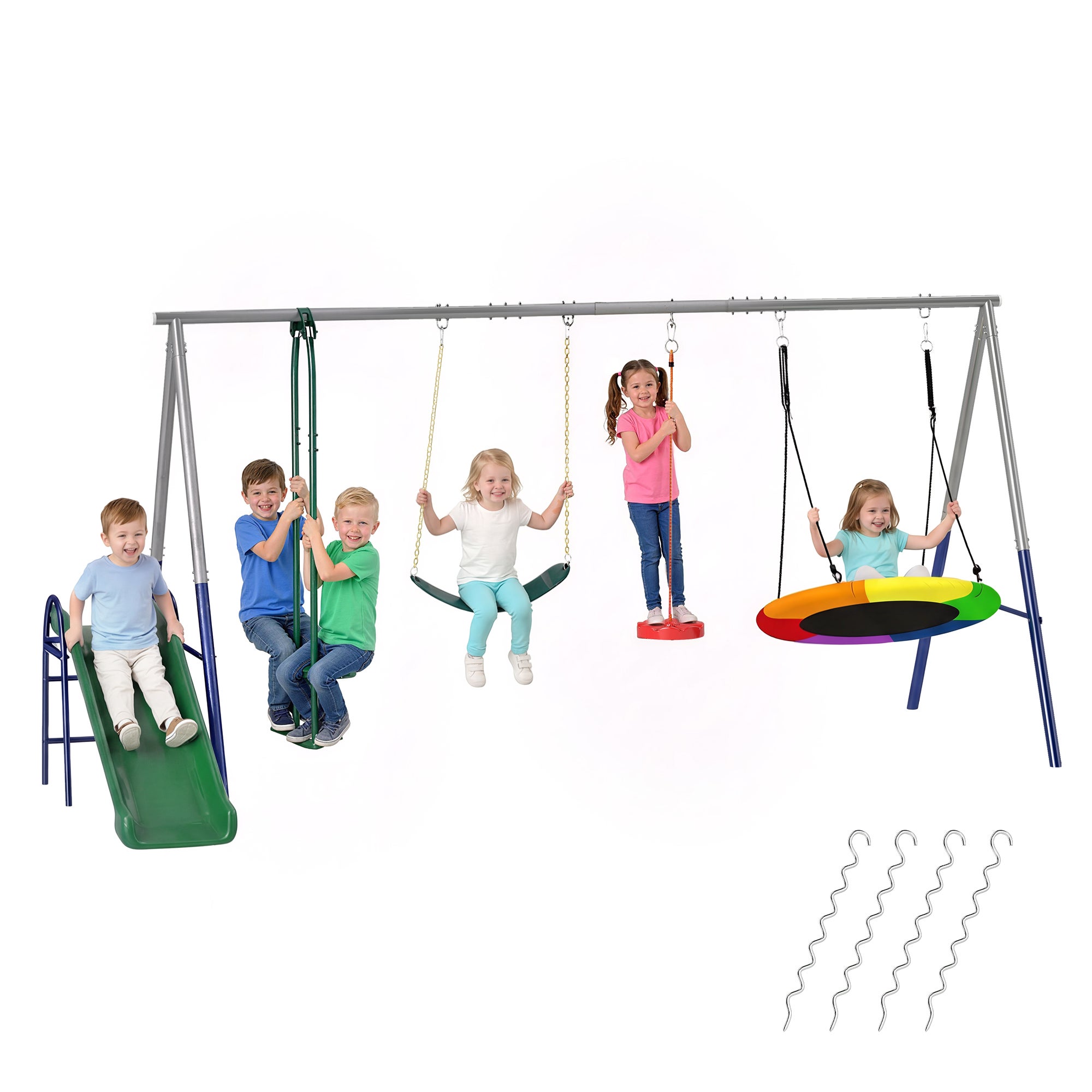 Zestaw huśtawek 5 w 1 ze zjeżdżalnią, regulowana wysokość ramy huśtawki z huśtawką typu gniazdo, 382 x 196 x 203 cm, wielokolorowy