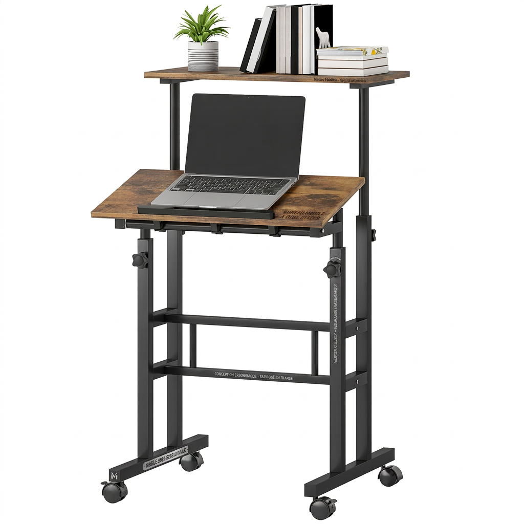 Biurko z regulacją wysokości, odchylany blat stolik pod laptopa, mobilne biurko na kółkach do domowego biura 60x60cm rustykalny brąz