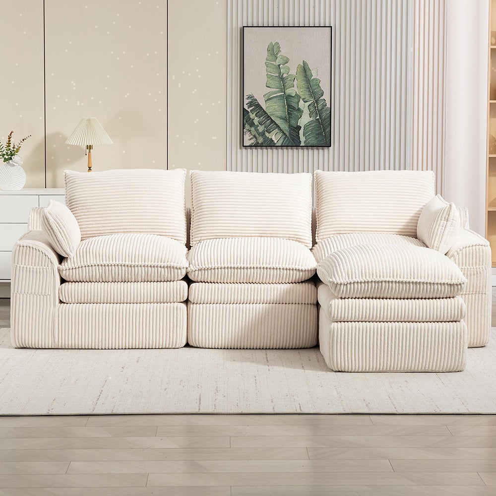 Trzyosobowa sofa (z podnóżkiem) z tkaniny w kratę, z poduszkami i kieszeniami bocznymi, wypełniona pianką i sprężynami, kolor beżowy