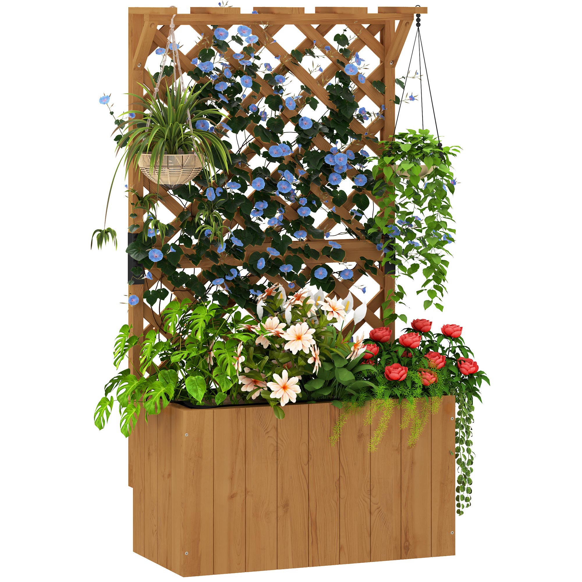 Donica z trellis, lite drewno flower box z drenaż otwory i liner, 64 x 33 x 122 cm, naturalne drewno