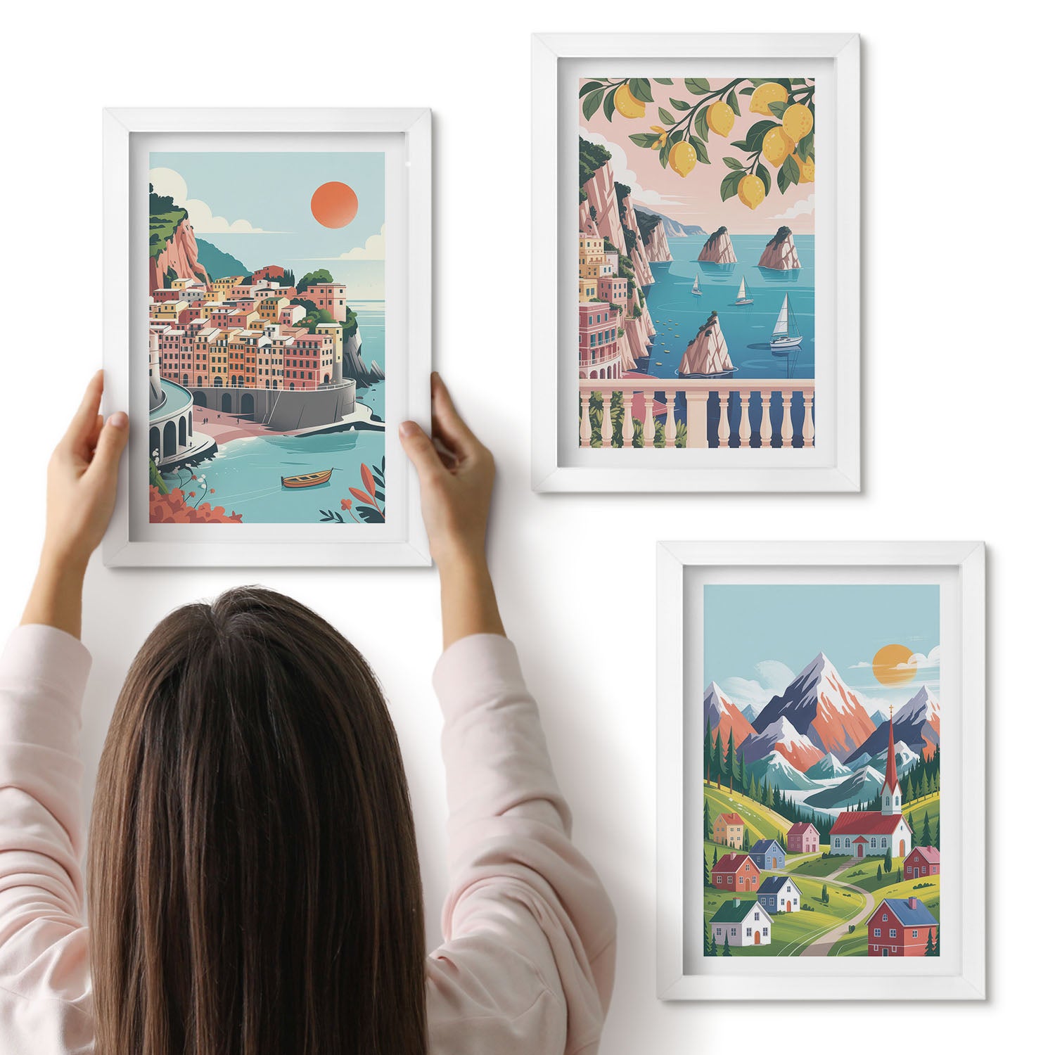 Galeria ścienna 3-częściowy komplet obrazów w białych ramach - Kolorowe krajobrazy górskie i nadmorskie miasta - ArtPrintCave