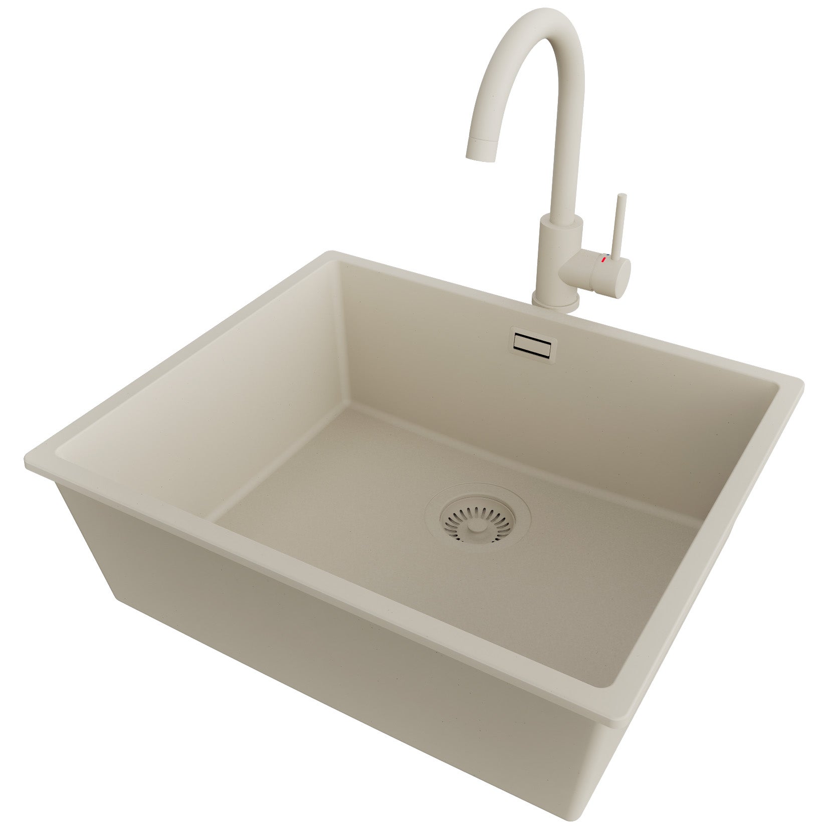 Zlewozmywak Granitowy Beżowy 56x47cm, Zlew Kuchenny 1 Komorowy + Bateria 32x20cm + Syfon, Nablatowy do szafki od 60cm - Londyn Slim PRIMAGRAN
