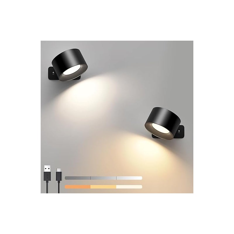 2 sztuki czarnych lampek ściennych LED z funkcją dotykową, ładowanie przez USB, sterowanie dotykowe, 3 poziomy jasności, obrotowa lampka nocna 360°
