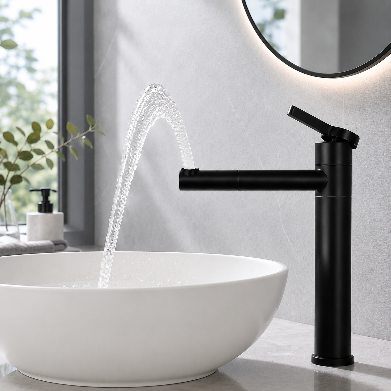 Baterie monocomandă pentru baie, neagră, pentru lavoar înalt, cu cioc pivotant la 360°, baterie monocomandă din oțel inoxidabil, design modern