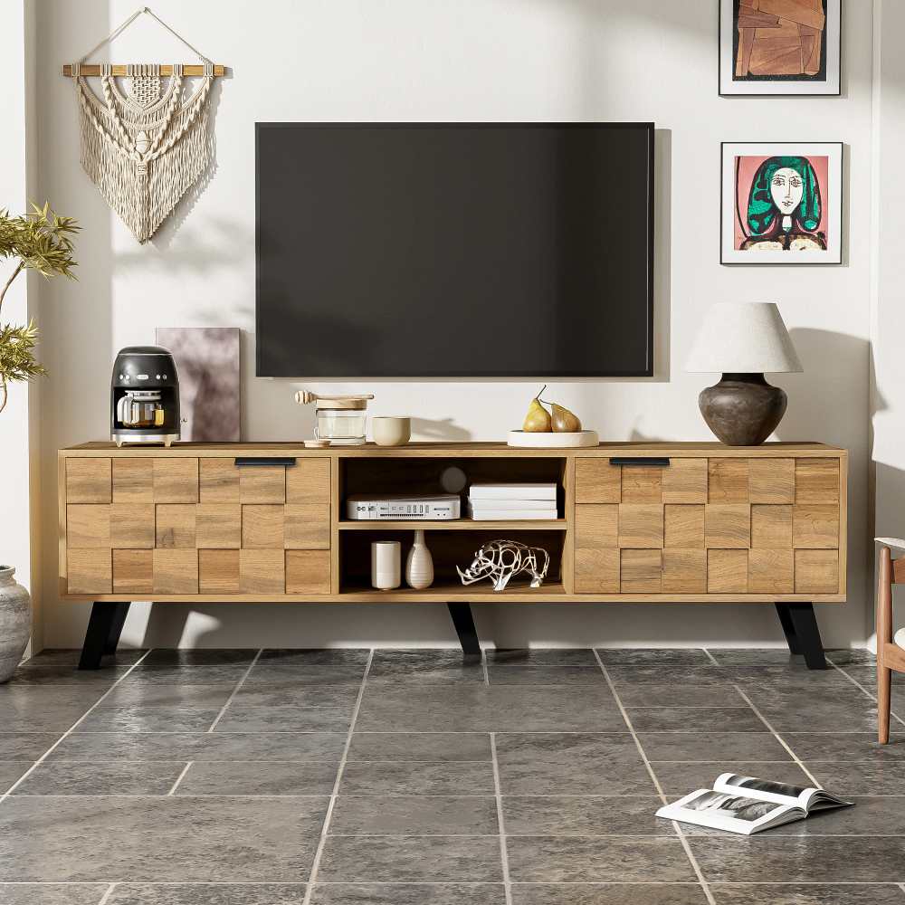 Nowoczesna szafka pod TV z 2 drzwiami i 2 otwartymi półkami, 160,5x35,5x45 cm, drewniana, minimalistyczny design, duża pojemność, ciche zawiasy.