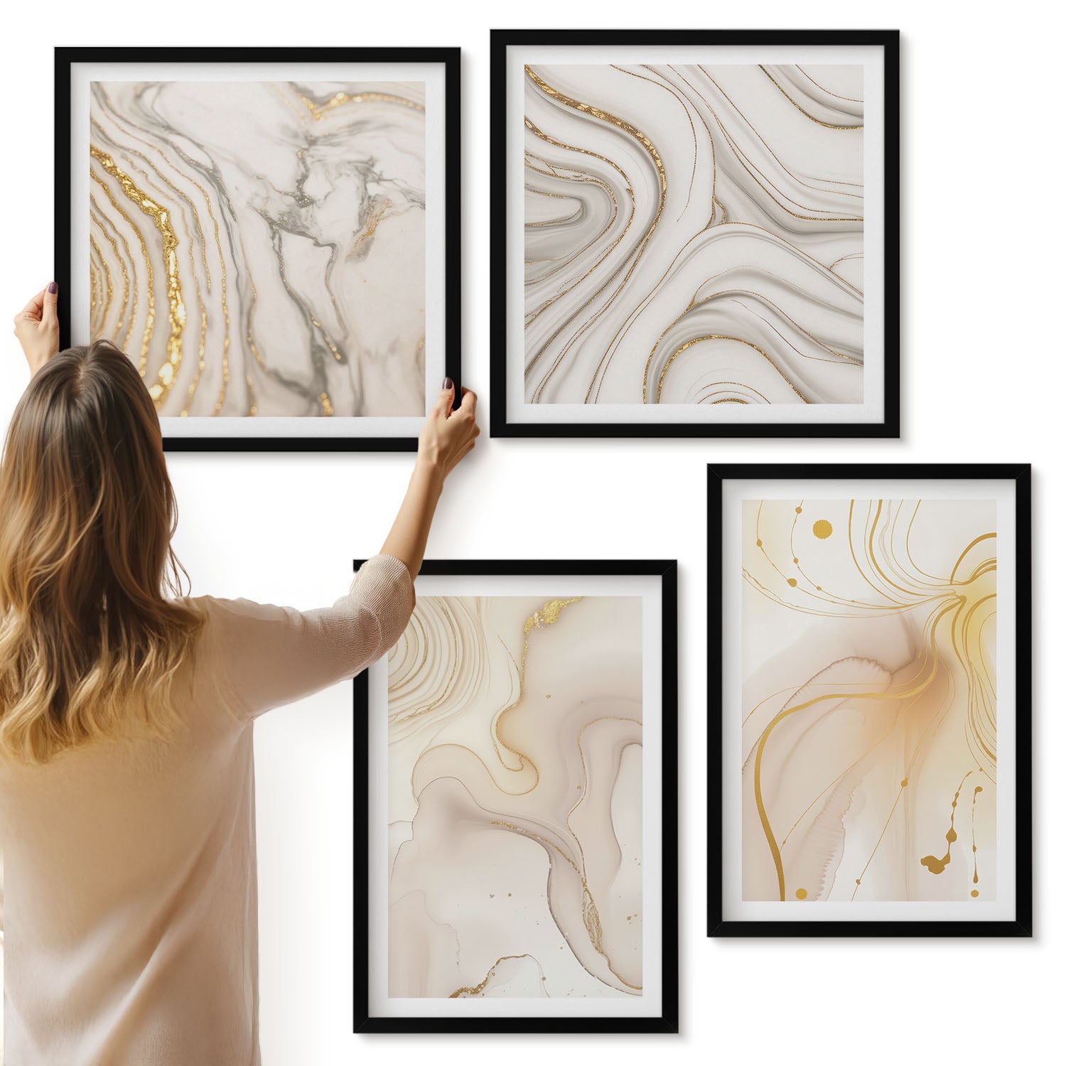 Galeria ścienna 4-częściowy komplet obrazów w czarnych ramach - Subtelne abstrakcyjne wzory rozlanych farb - ArtPrintCave