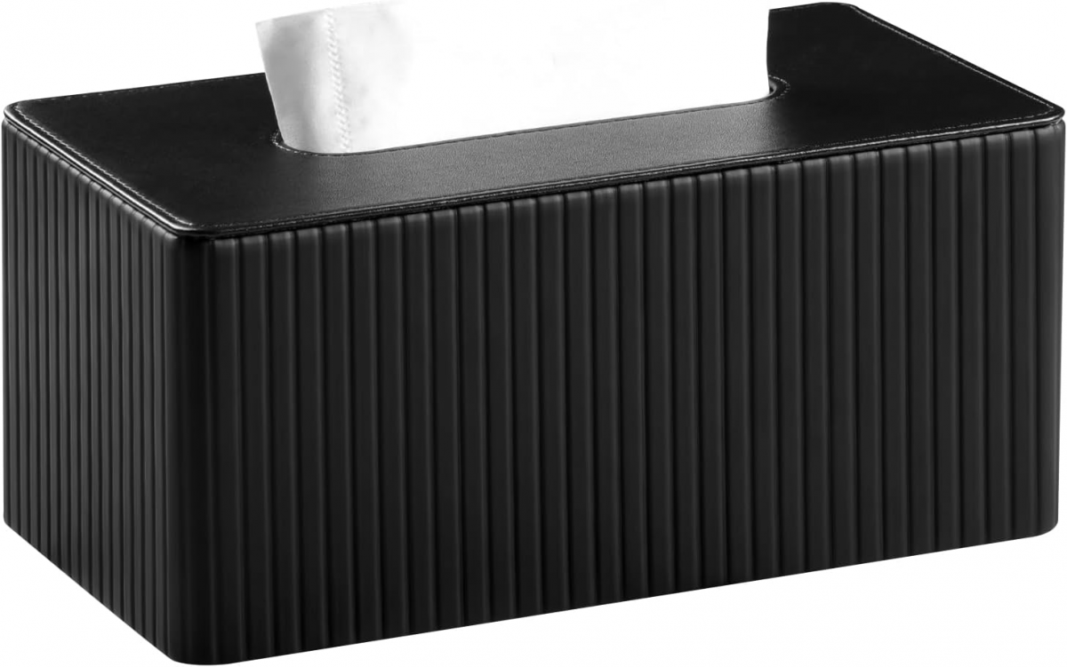 Skórzany uchwyt na chusteczki w paski do łazienki, sypialni, salonu, biura – 1 sztuka, czarny, 25 × 13,5 × 11 cm