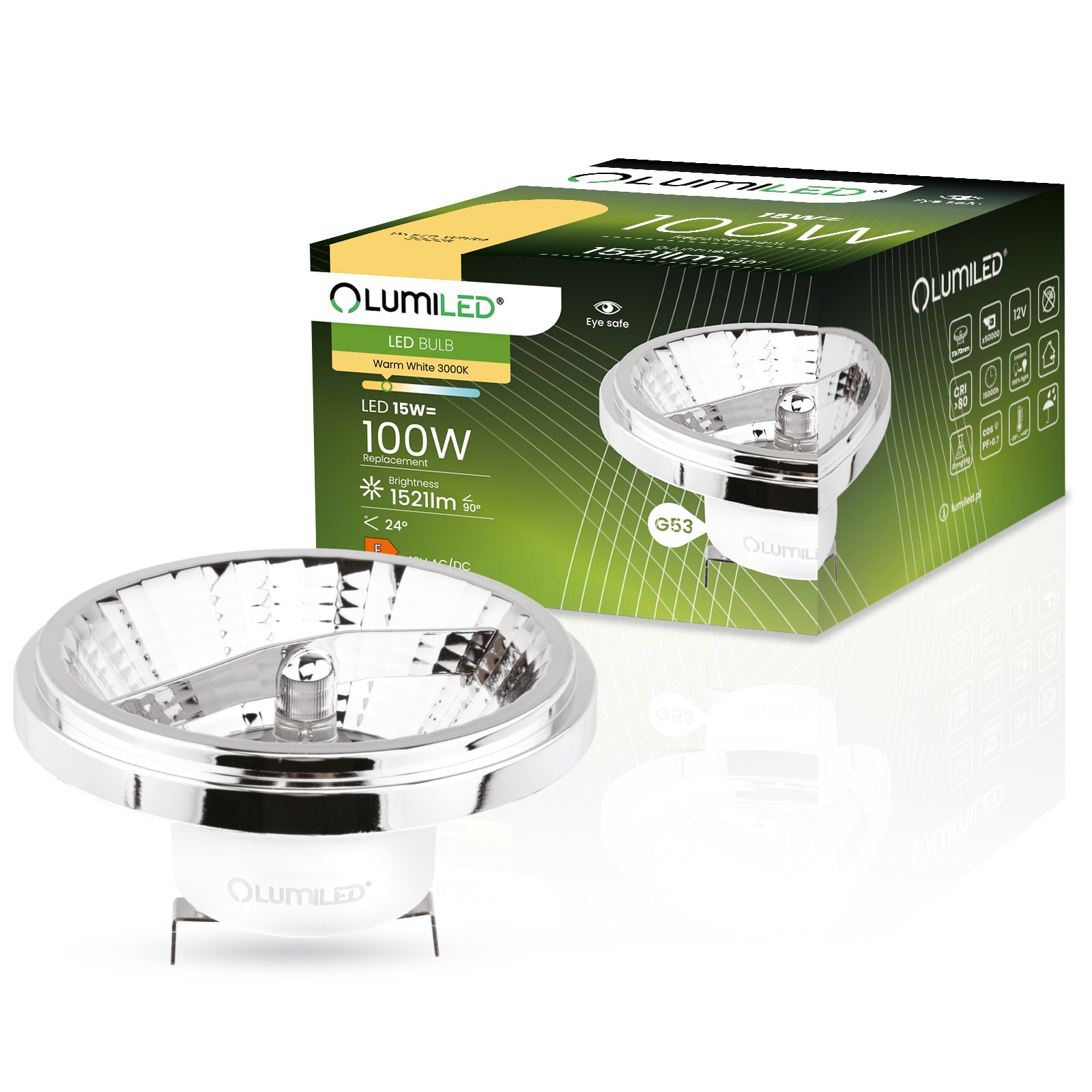 Żarówka LED Lumiled G53 Reflektor AR111 15W 1521lm 3000K Ciepła biel 24st 12V Srebrna 1 szt.