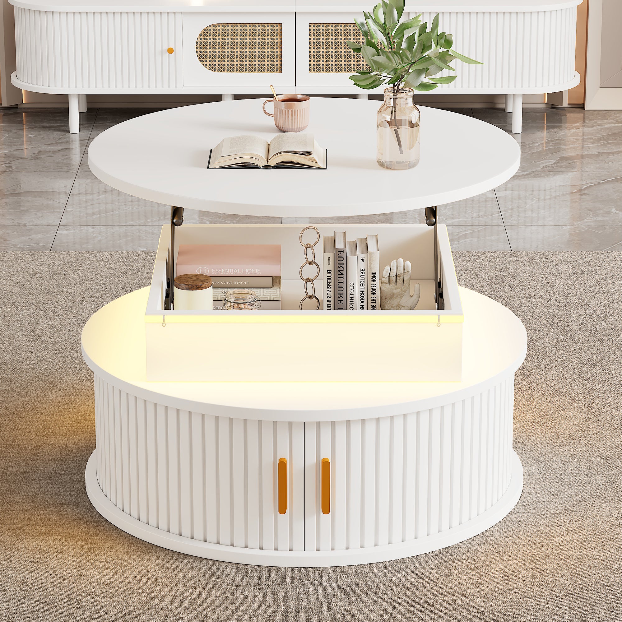 Regulowany okrągły stolik kawowy z 2 drzwiami przesuwnymi - 75 x 75 x 52 cm - MDF - Diody LED - Biały