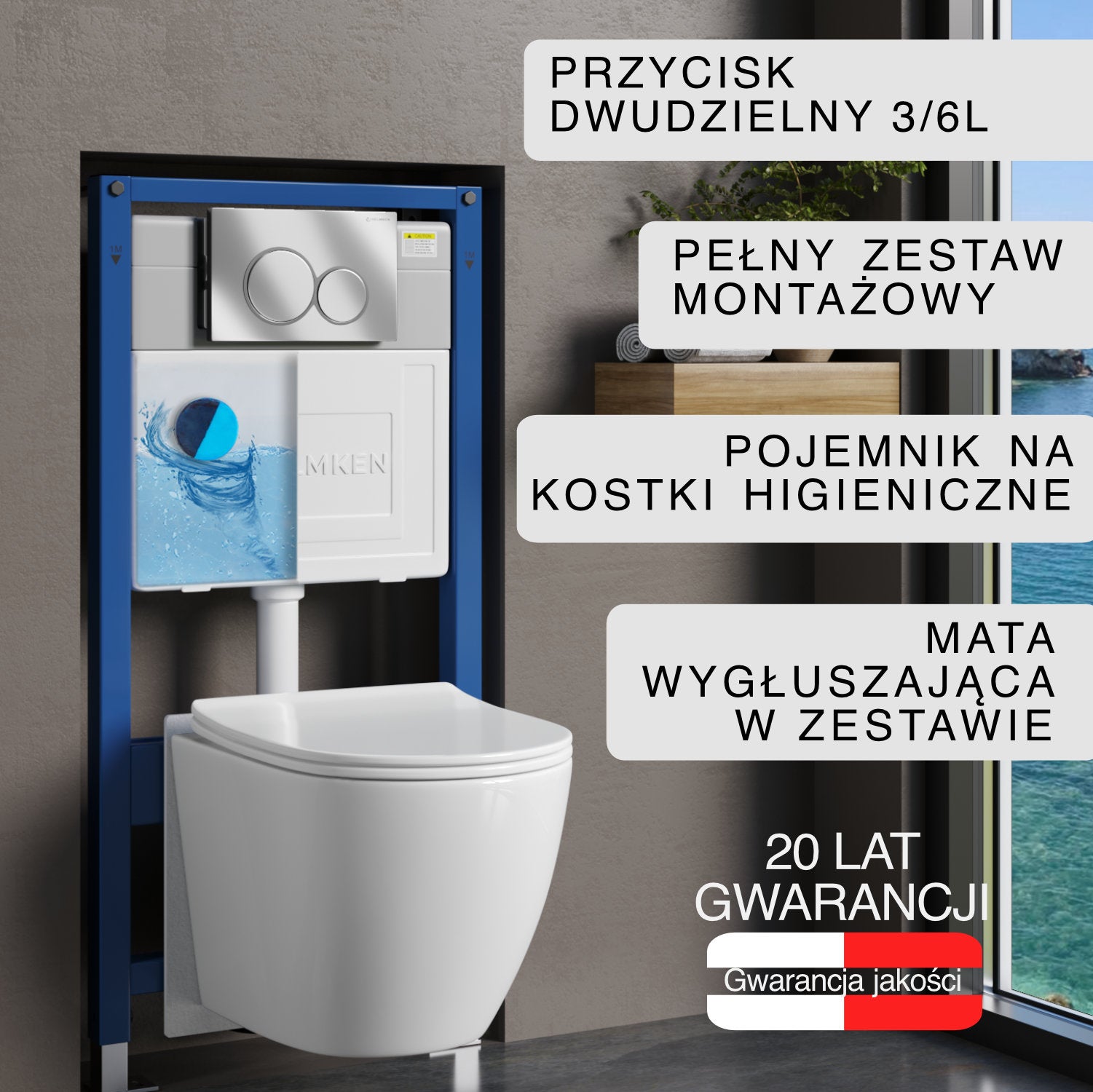 Stelaż podtynkowy WC Helmken 35490101 Zestaw 6w1: Przycisk Satyna (E), Miska bezkołnierzowa Rimless, Deska wolnoopadająca, Pojemnik na kostki, Mata
