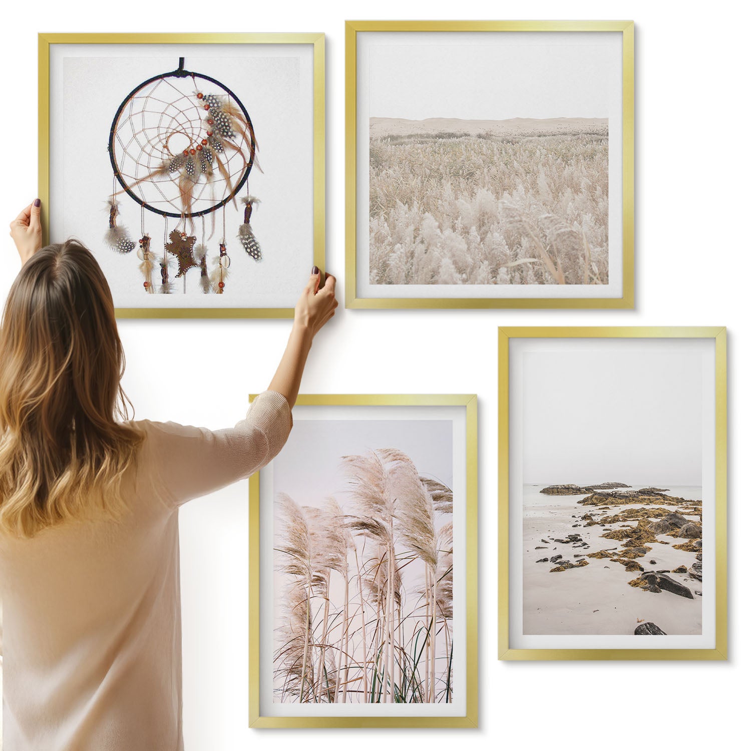 Galeria ścienna 4-częściowy komplet obrazów w złotych ramach - Pola trawy pampasowej plaża łapacz snów boho styl - ArtPrintCave