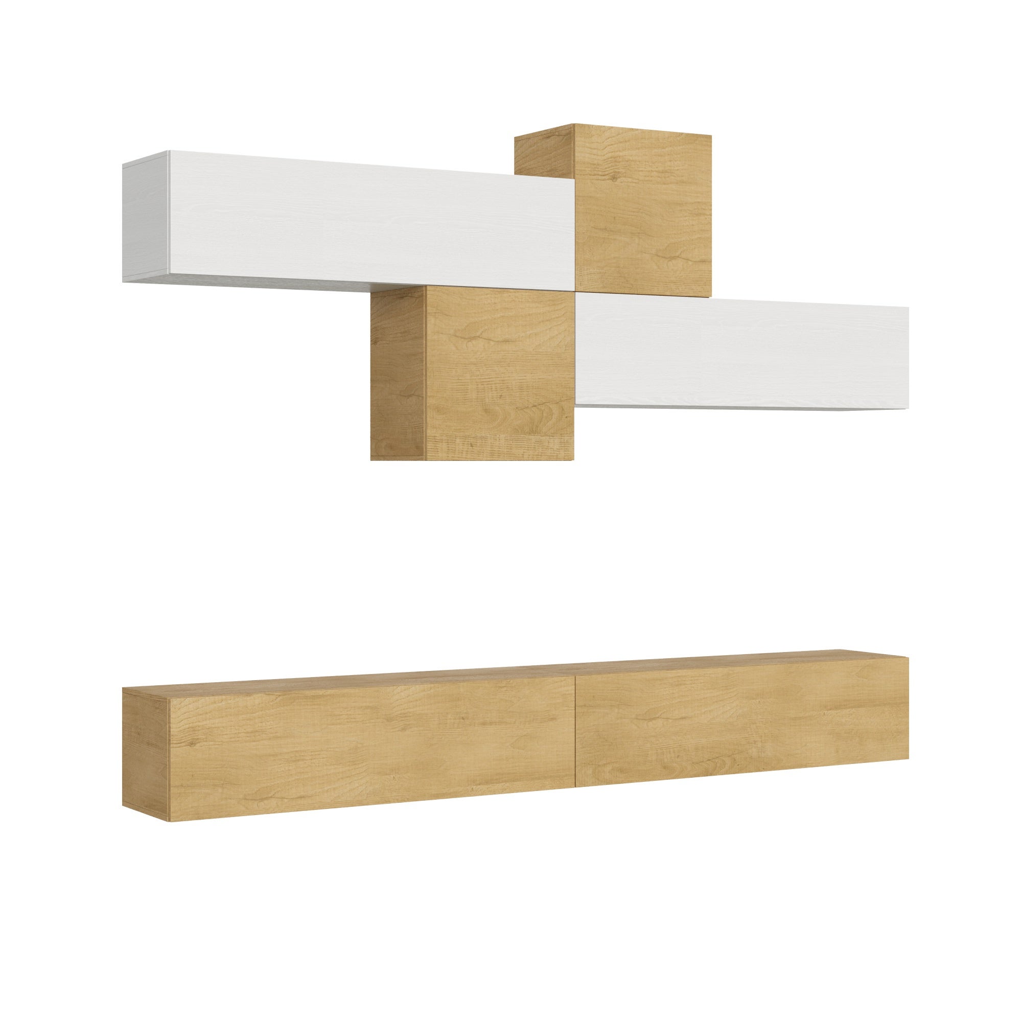 Mueble de pared moderno A111, 308 mm de ancho x 39,5 mm de profundidad, nogal y blanco, modular suspendido, diseño único.