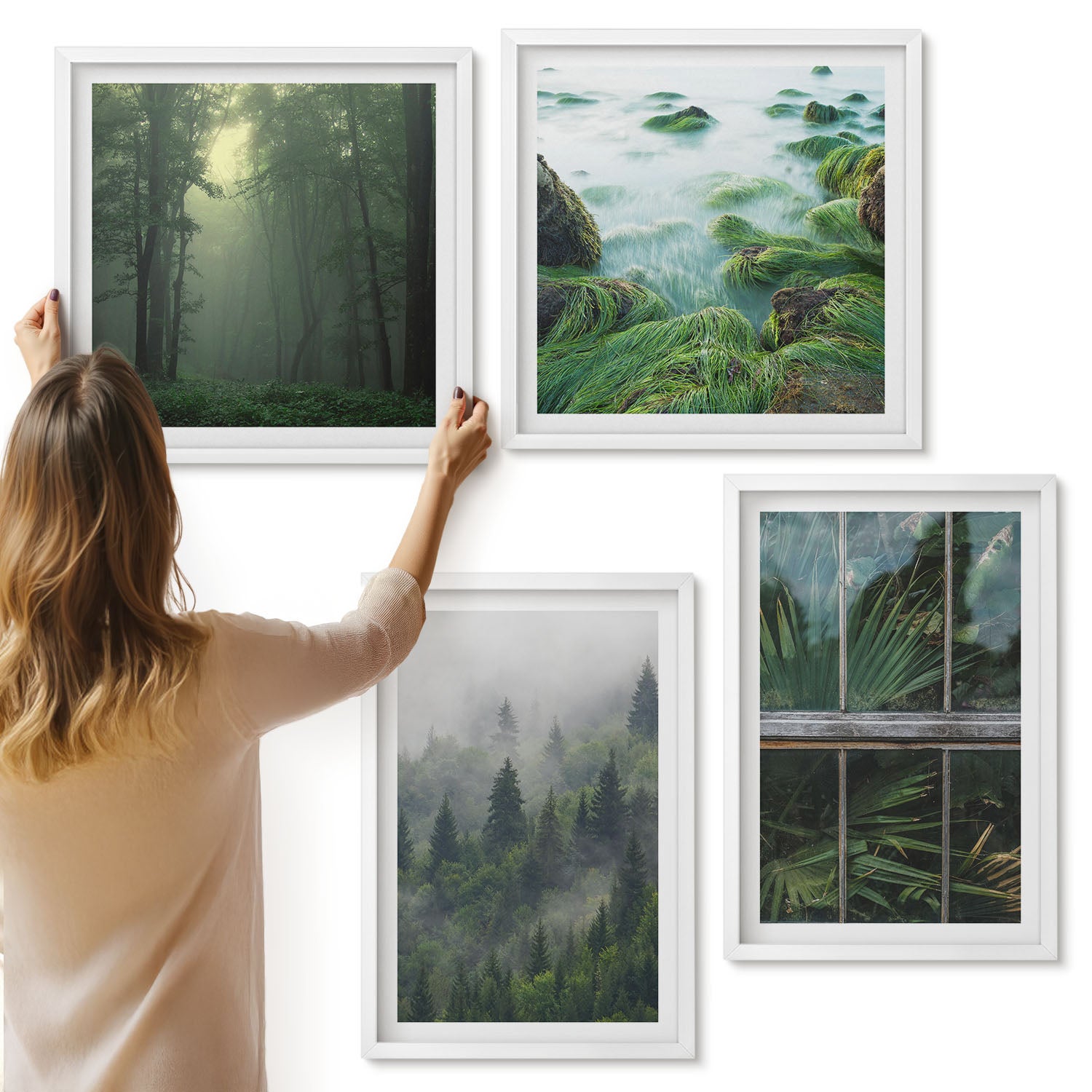 Galeria ścienna 4-częściowy komplet obrazów w białych ramach - Las we mgle brzeg rzeki i szklarnia z roślinami - ArtPrintCave