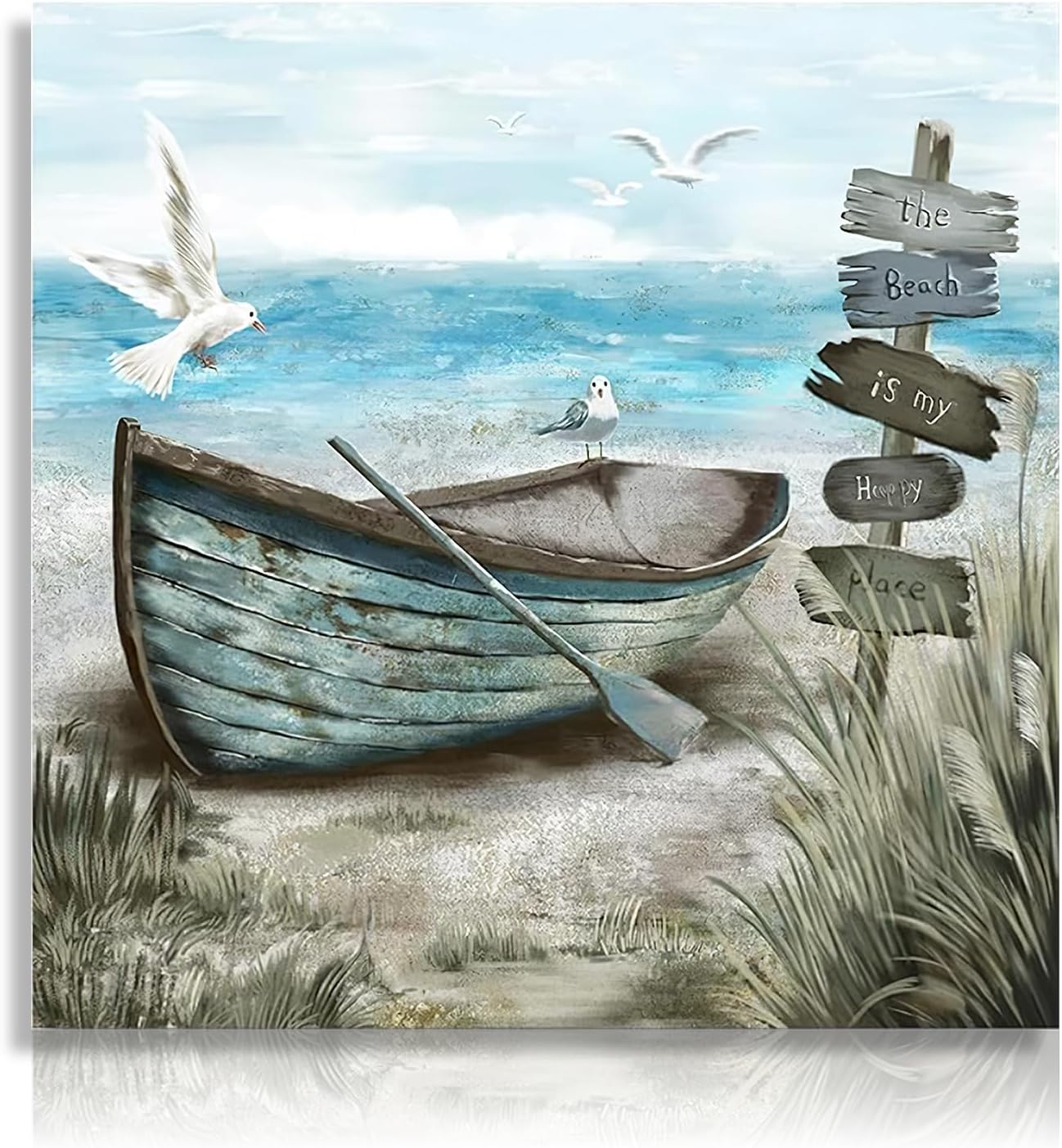 Dekoracyjny plakat z motywem nadmorskim, mewa na plaży, rustykalny, błękitny ocean, dekoracja ścienna do łazienki i salonu, 16x16 cali, bez ramki